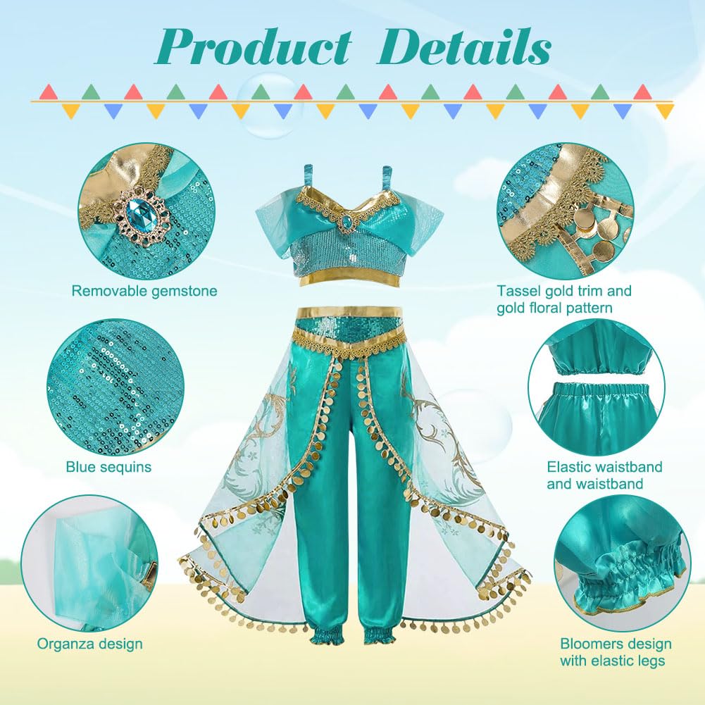 BSBUY Jasmine Princess Costume for Girls Two-Piece Sequined Dress Up, Aladdin Themed Outfit for Birthday Halloween Party Carnival Cosplay