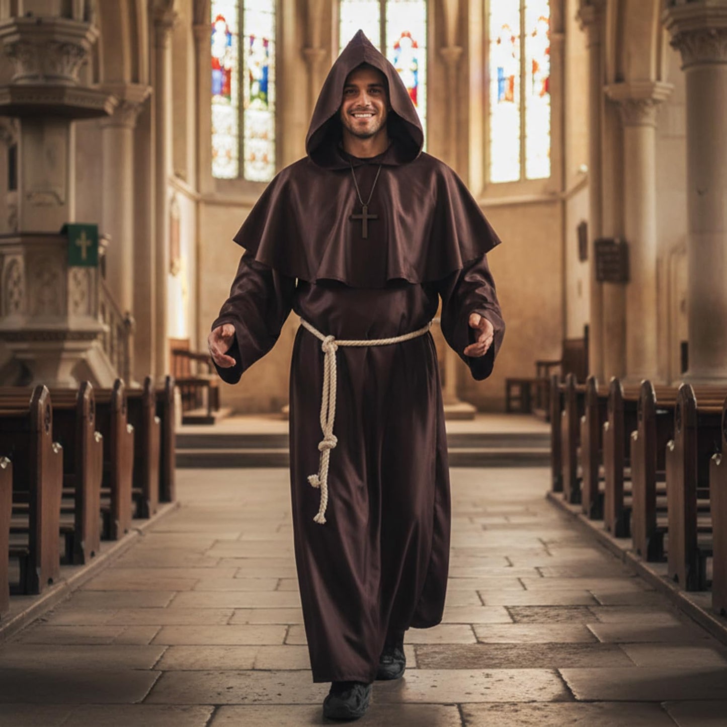 AirSuit® Medieval Monk Adult Costume – Long Robe with Hood + Wooden Cross | Size M 170 to 175 cm | Religious Men's Outfit | Carnival, Halloween | OriginalCorner®