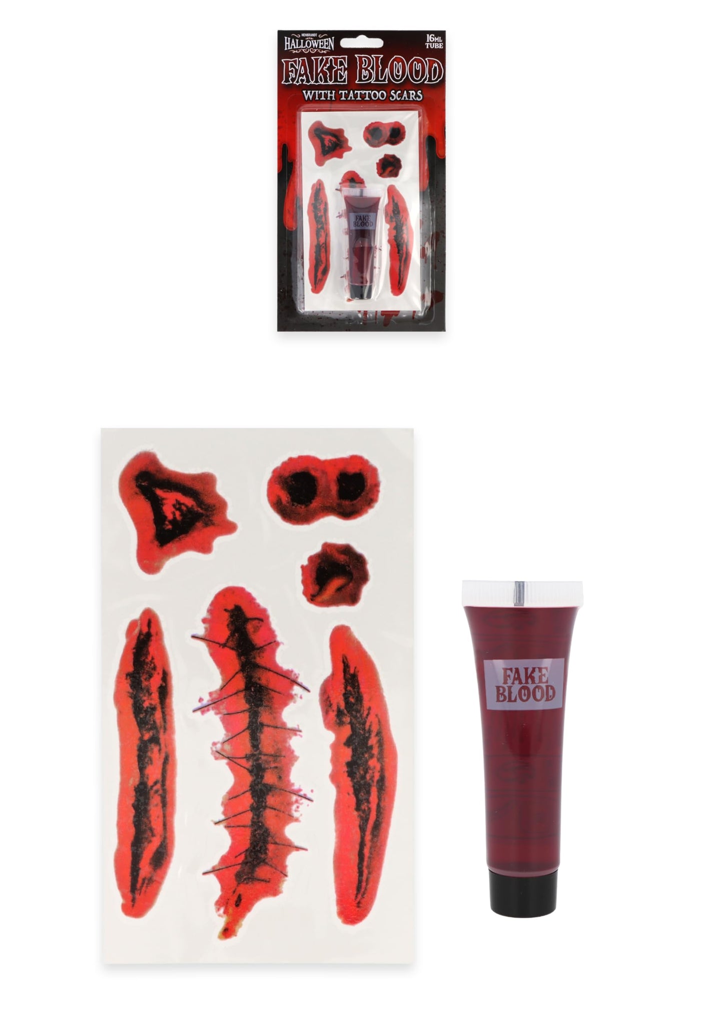 Henbrandt Halloween Fake Blood Tube with Realistic Wound Temporary Tattoo Scars - 16ml Professional Makeup SFX Costume Accessory Kit