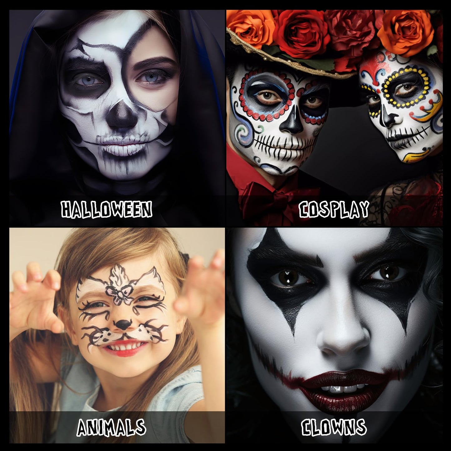 White Black Face Paint Makeup Halloween 100g, Halloween Make Up Kit Adults, Halloween Face Paints Kit, Skeleton Zombie Clown Makeup Halloween, Body Paint for Fancy Dress, Festivals