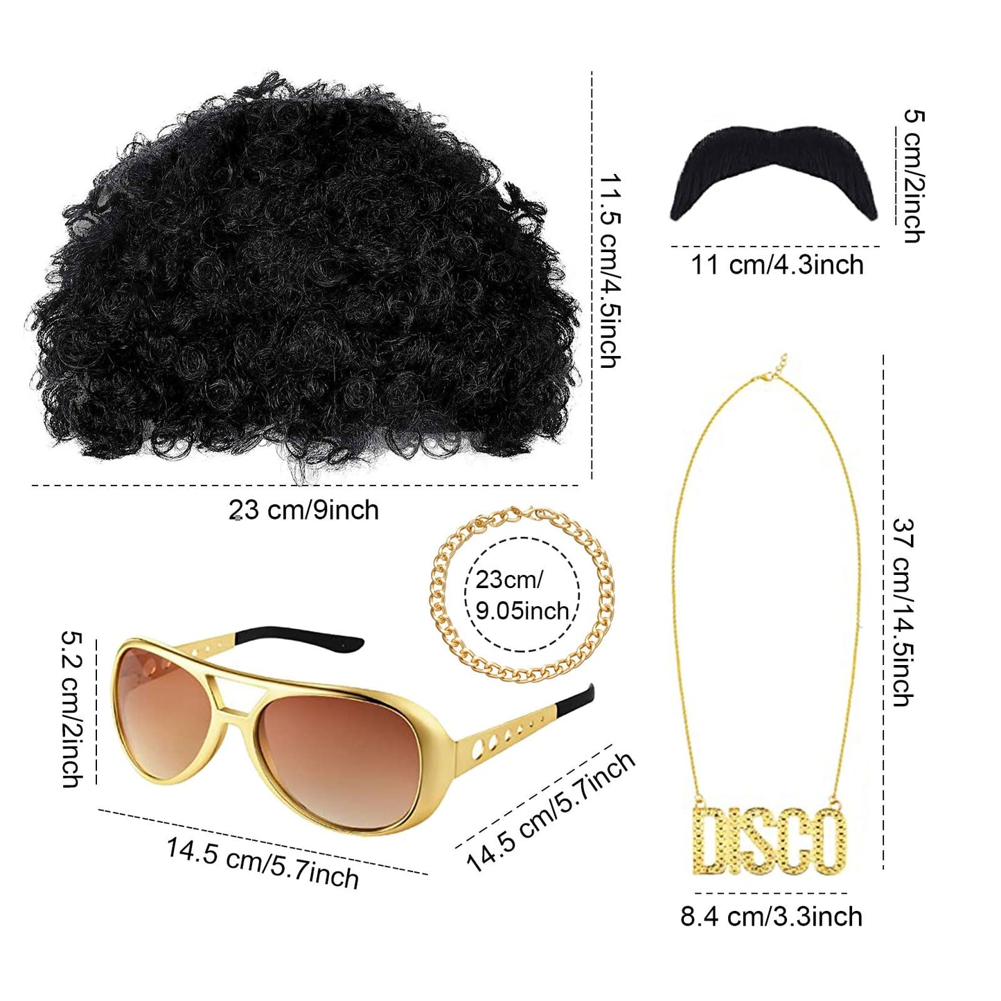 VIKSAUN 5 Pcs Disco Hippie Costume, Funky Afro Wig, Hippie Wig, Hippy Fancy Dress Men, HIppie Accessories, for 60s 70s 80s Fancy Dress Costume Disco Themed Party (5 Pcs)