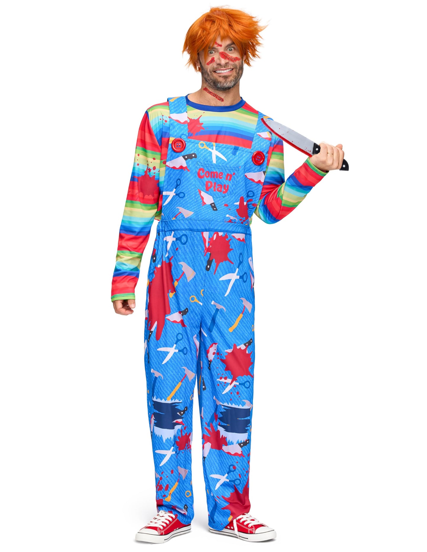 Spooktacular Creations Men Creepy Doll Costume, Horrible TV-Series Serial Killer Costume with Top and lederhosen for Horror Halloween Costumes Role Play-M