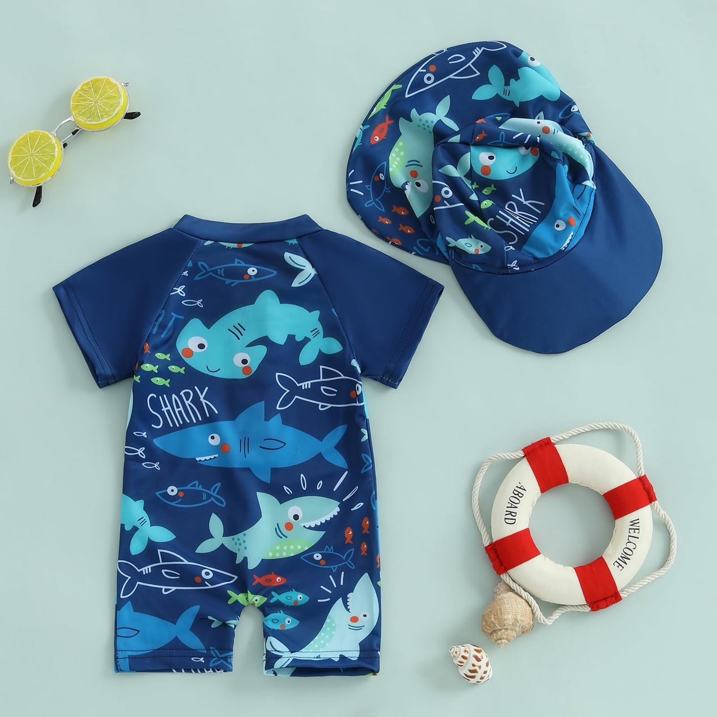 Geagodelia Baby Boy Swimming Costume Toddler Boy Swimsuit Infant Bathing Suit Short Sleeve One Piece Rash Guard Sun Hat Summer Beachwear (Blue, 6-12 Months)