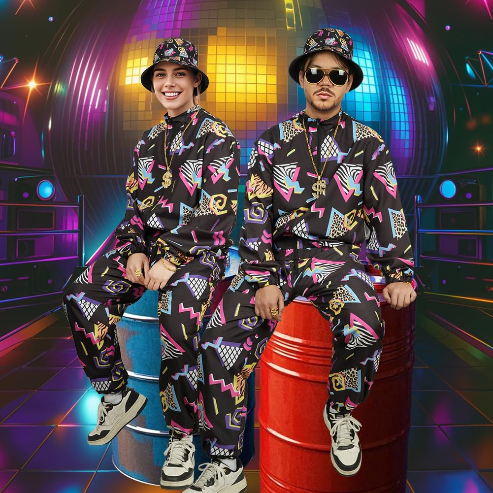 AYBUY 80s 90s Vintage Outfit for Men, 9 Pcs Retro Disco Outfit Set, Hip Hop Costume Outfit with Glasses and Jacket Hat for Disco Theme Party, Halloween, Music Festivals, Masquerade, Carnival (XL)