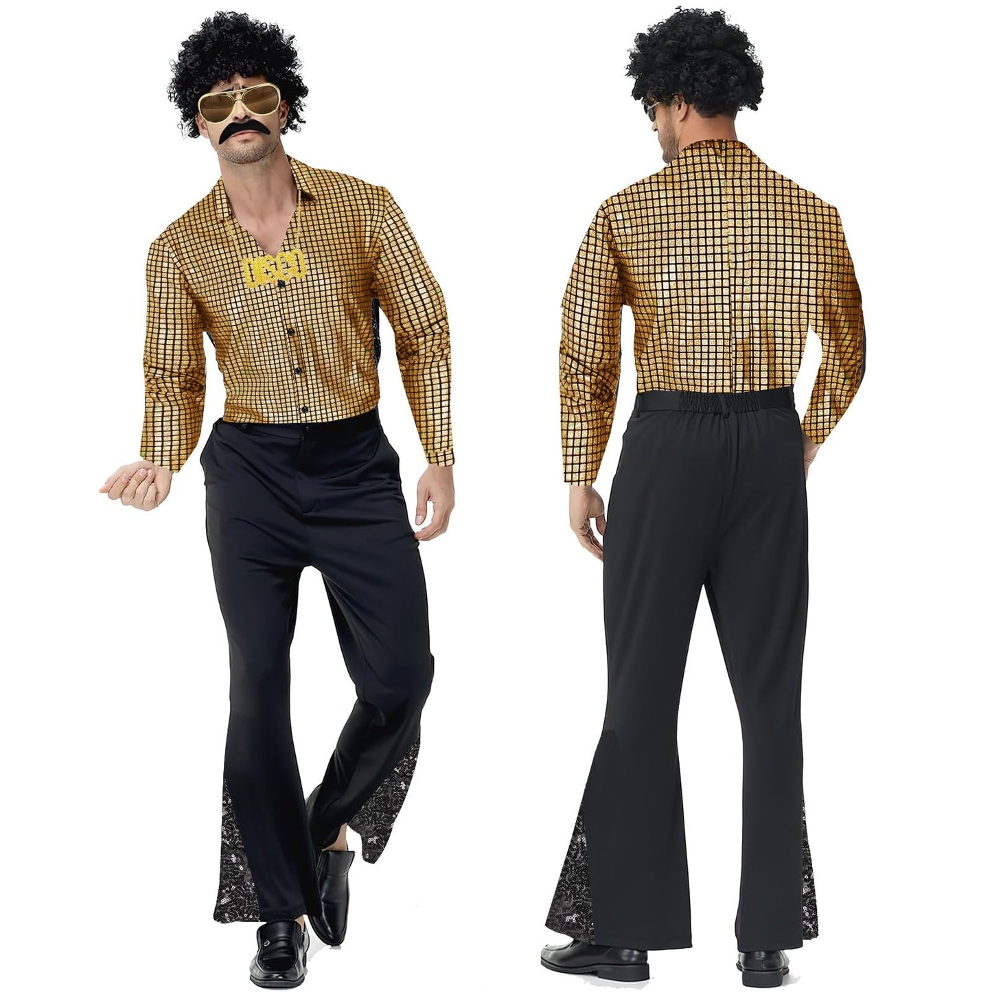 Malloom 70s Fancy Dress Mens Outfits, 6 Pcs Disco Outfit Retro Costume with Bell Bottom Pants for Disco Party (Gold) (L)