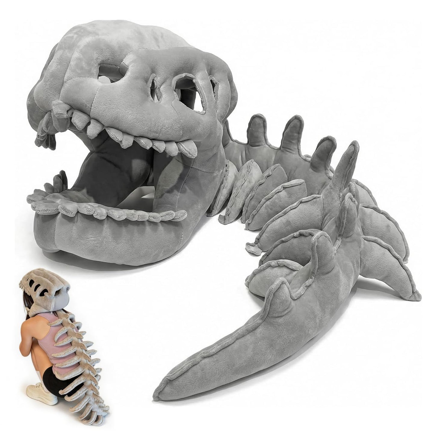 DVDVBOOM Dinosaur Skeleton Costume, Realistic Dinosaur Skeleton Costume, Wearable Soft Fossil Outfit, Plush Dinosaur Skull Headpiece And Spine Costume, Halloween Fun Dinosaur Costume for Cosplay