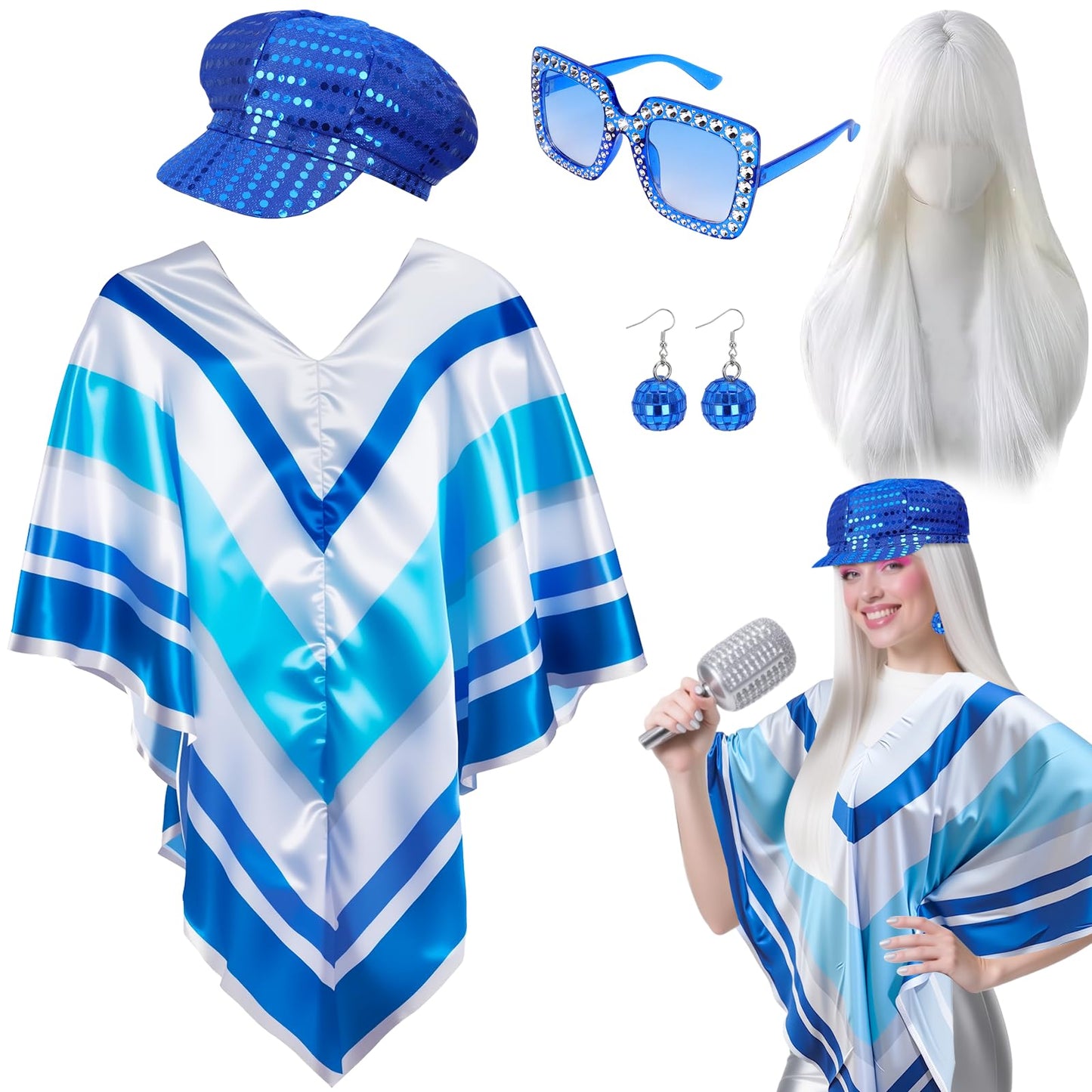 Kyndara 5Pcs Abba Fancy Dress Costume for Women, 1970s Disco Accessories Set with Disco Poncho Hat Wig Earrings Glasses for Adults Retro 70 Theme Party Dance