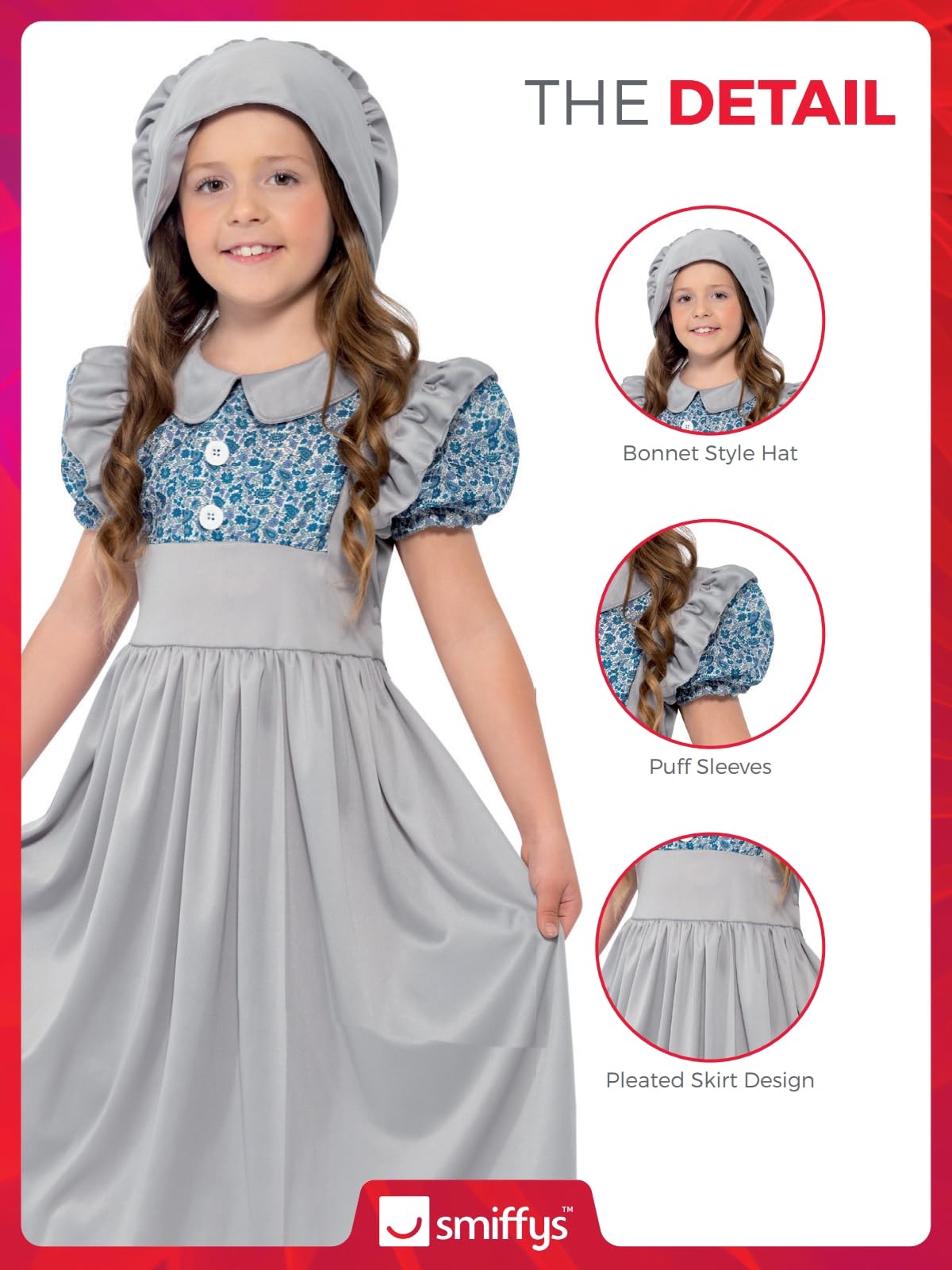 Smiffys Victorian School Girl Costume, Grey with Dress & Hat, Girls Fancy Dress, Child Dress Up Costumes Halloween, World Book Day