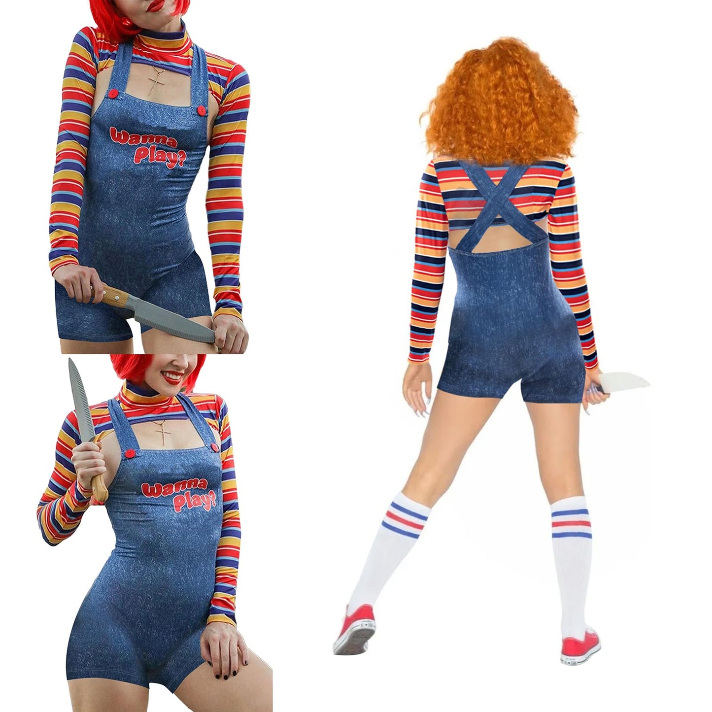 Niceyoeuk Women 2 Pcs Halloween Costumes Scary Nightmare Killer Doll Wanna Play Movie Character Bodysuit Chucky Doll Cosplay Costume Set (Blue, S)