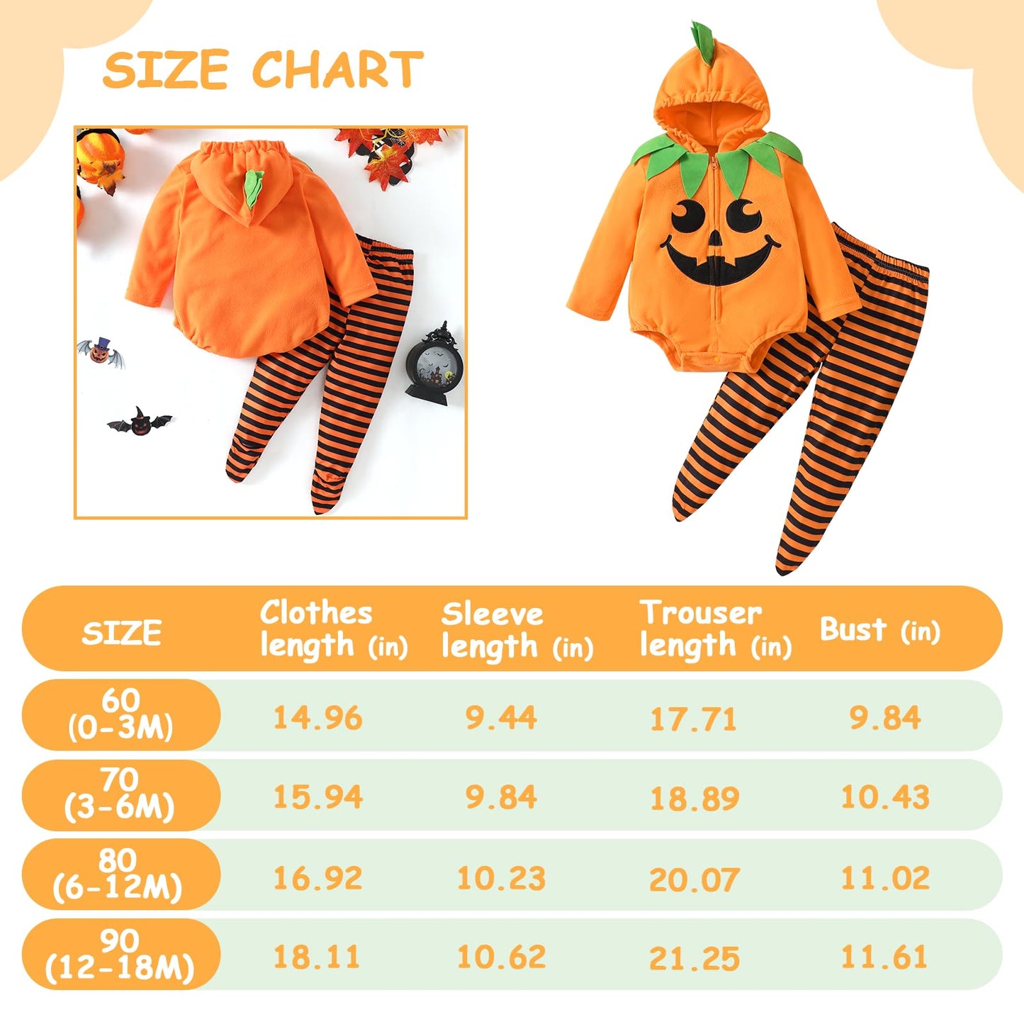 TenhCreek Baby Pumpkin Costume, Long Sleeve Baby Girls Boys Pumpkin Outfit, Soft Fleece Infant Pumpkins Outfit, Hooded Babys Pumpkins Costumes with Footed Pants Set, Babies Halloween Clothes (0-18M)