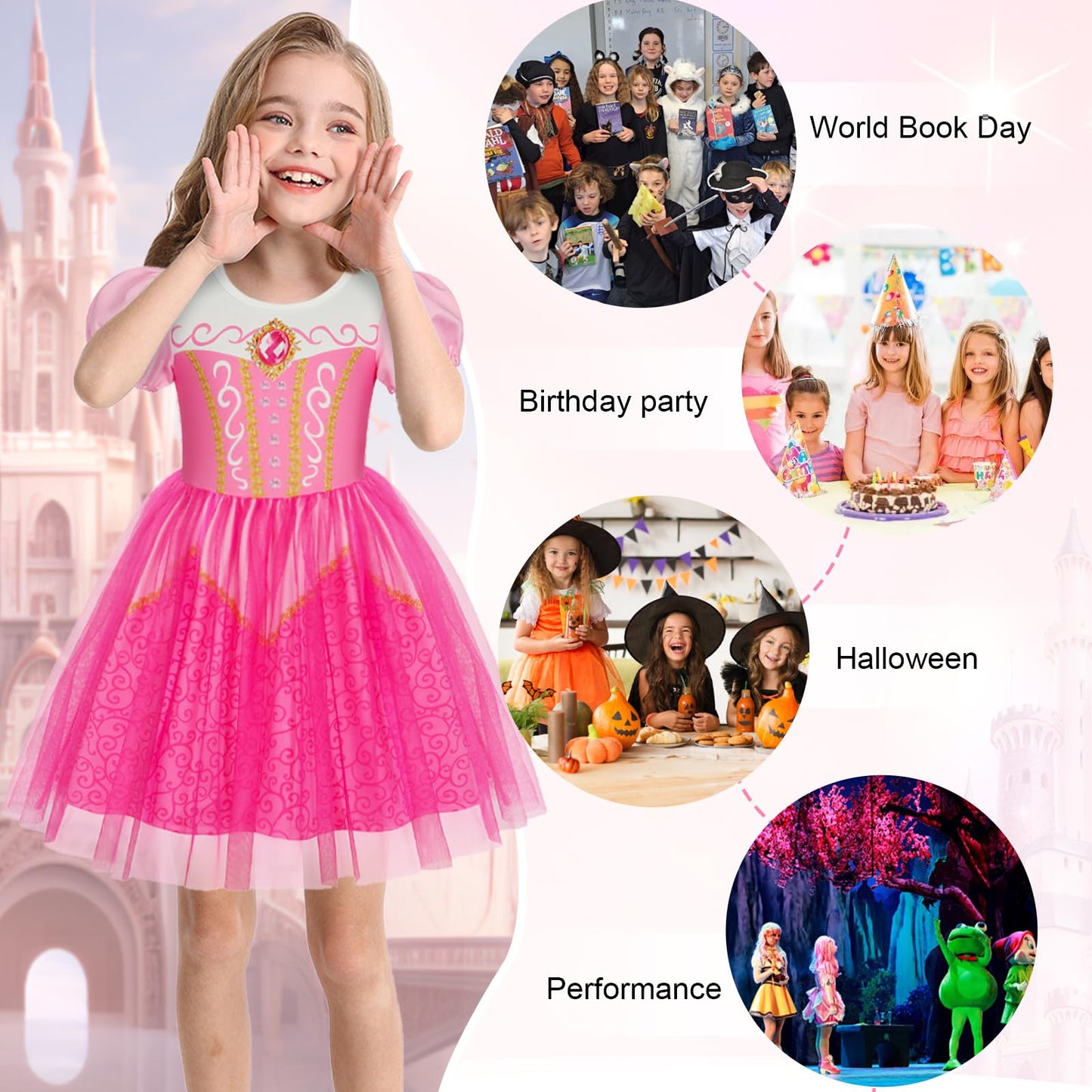 Berich Princess Costume with Crown Princess Costumes for Girls Halloween Outfits Christmas Gifts World Book Day Week Pink Dress up for Girls 4-5 Years(Pink,120)