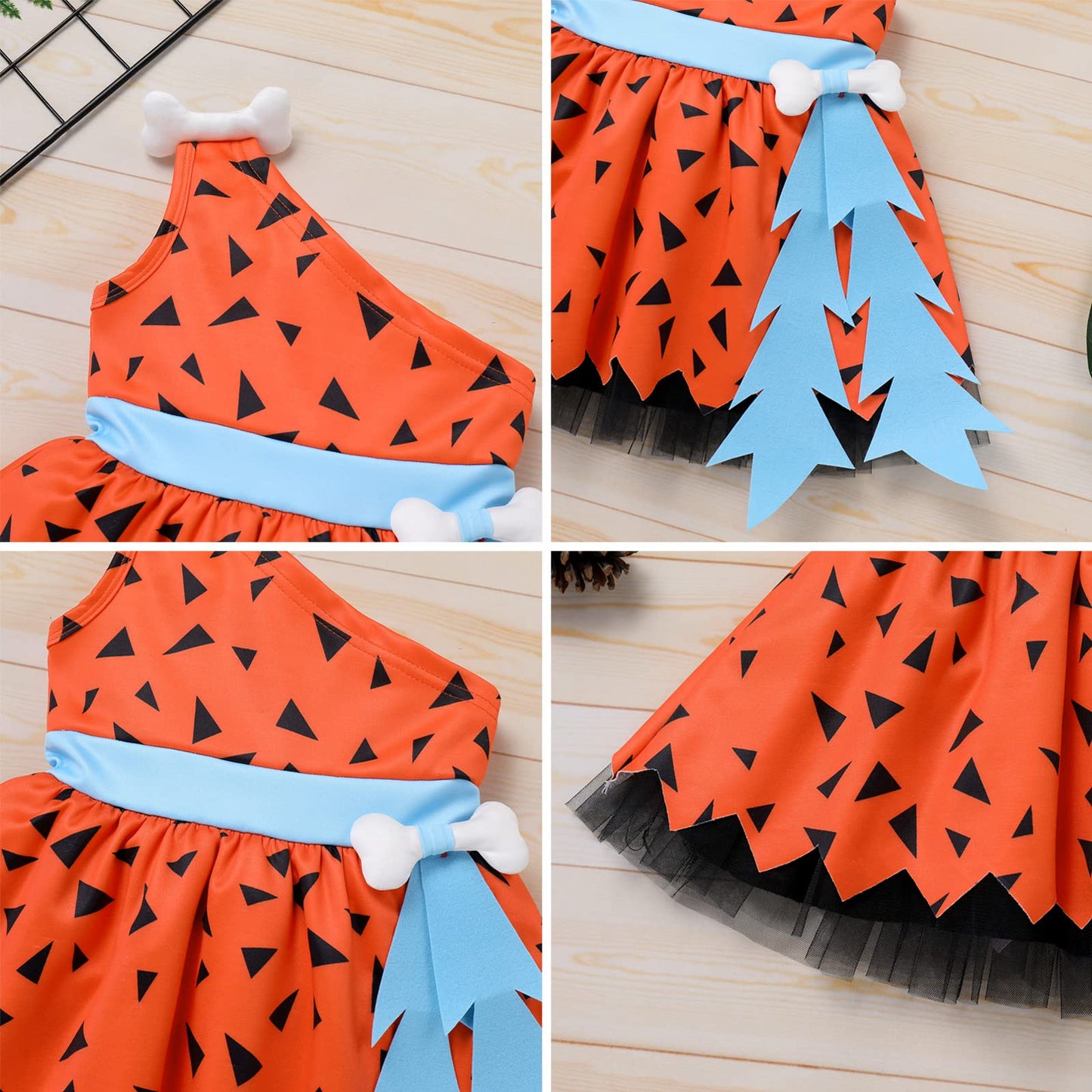 Kids Toddler Infant Baby Costume Historical Stone Age Cave Girl Fancy Dress Up One Shoudler Dress Bone Headband 1st Birthday Outfit Halloween Cosplay Orange Girl 6-12Months