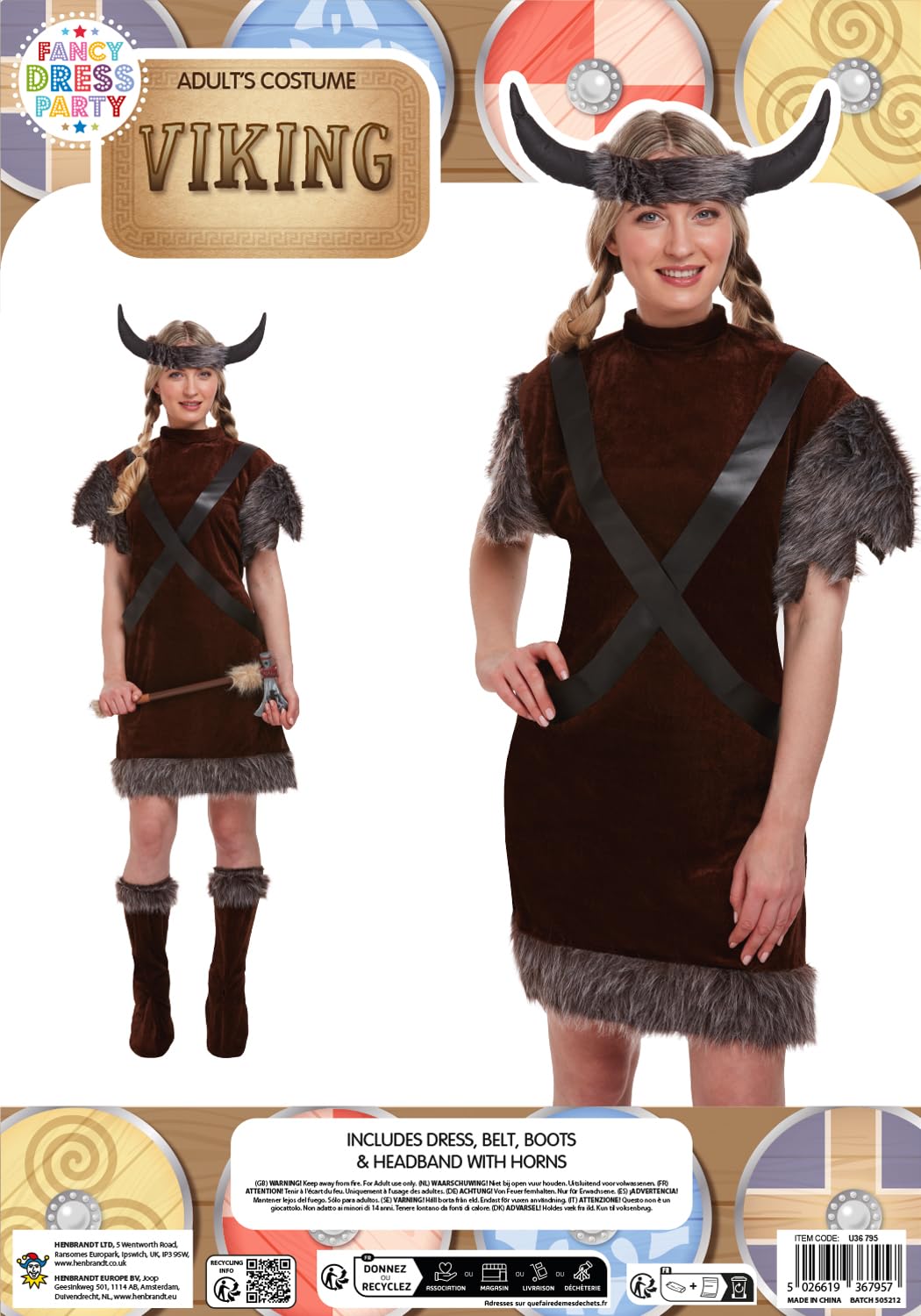 HENBRANDT Adult Women’s Horned Viking Warrior Fancy Dress Costume Female Dragon Tamer with Faux Fur Dress Up Outfit One Size Ladies Fancy Dress Costume