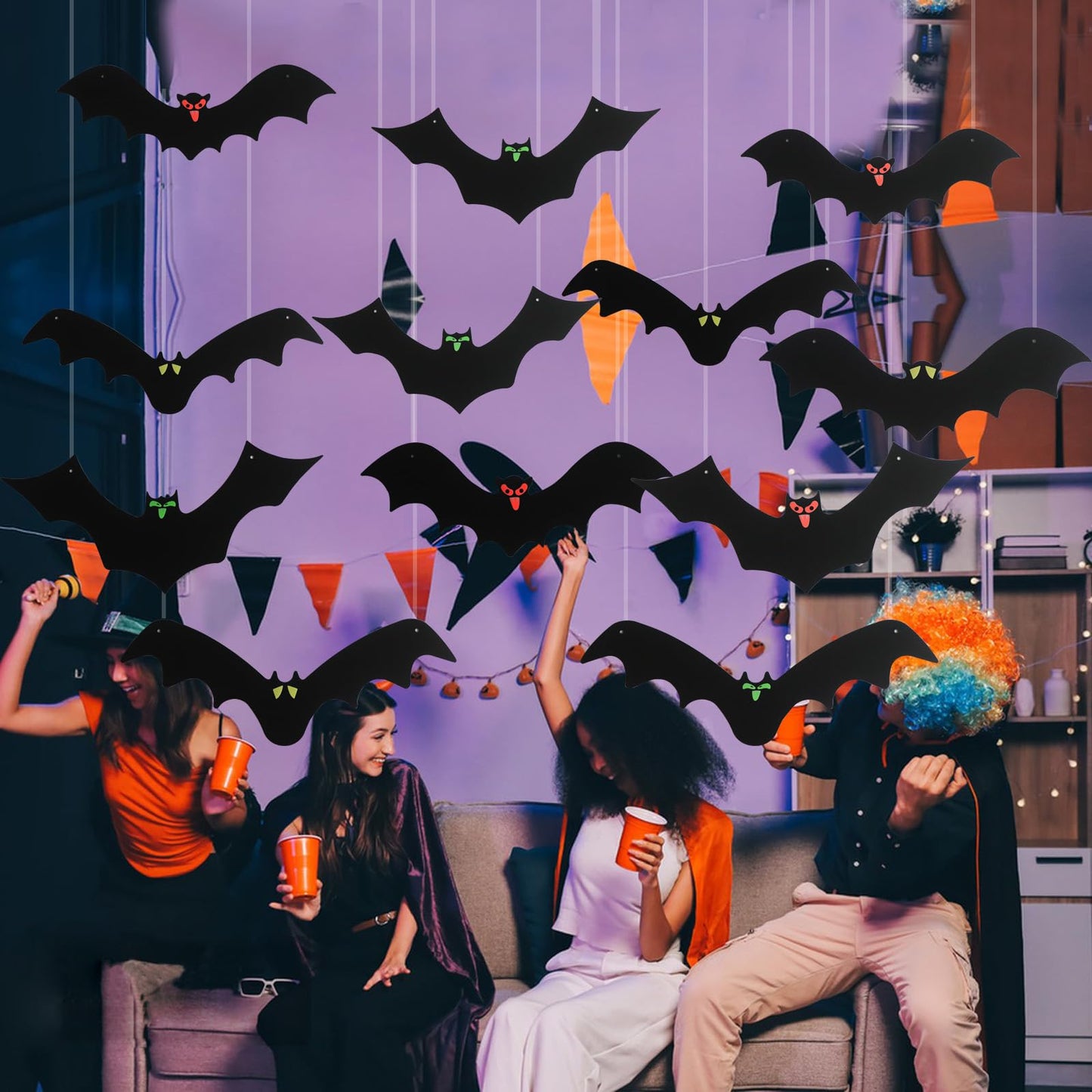 12PCS Bats Halloween Decorations, Black Halloween Hanging Bats/Flying Bat Decorations with Glowing Eyes for Halloween Decor Outdoor Yard Party