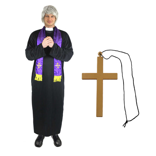 Adults Father Costume - Large - Long Black Priest Robe, Grey Wig and Gold Cross Necklace - TV/Film Ted Religious Fancy Dress Costume