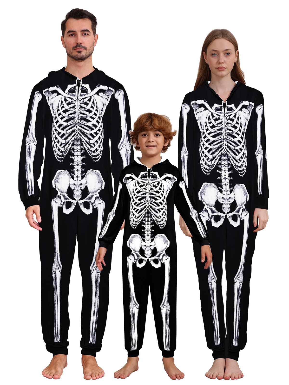 URMAGIC Family Matching Pyjamas Halloween Skeleton Costume Long Sleeve Hooded One Piece Jumpsuit Sleepwear Nightwear Pajamas Pjs for Men Women Children Boys Girls