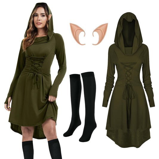 Green medieval Renaissance dress with hood and lace-up details