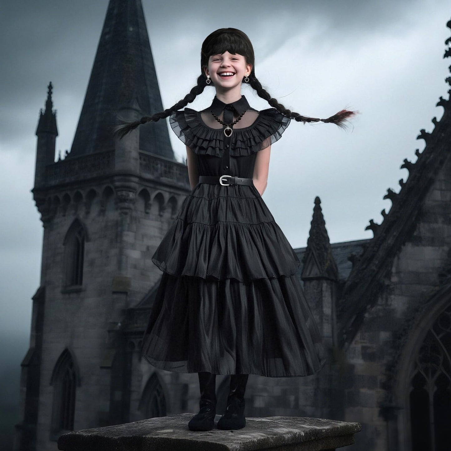 Skknuny Black Tulle Skirt Gothic Dress for Halloween Addams Girls (M)