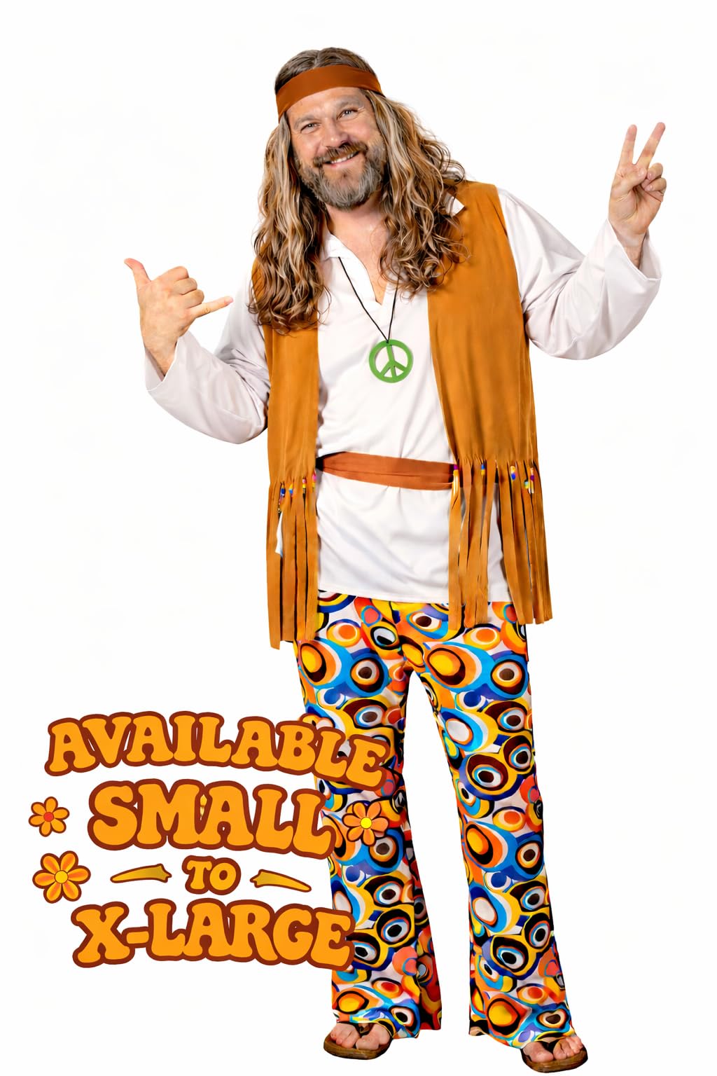 Wicked Costumes Mens 60s 70s Hippie Fancy Dress Costume – Woodstock Festival Retro Party Outfit - Large