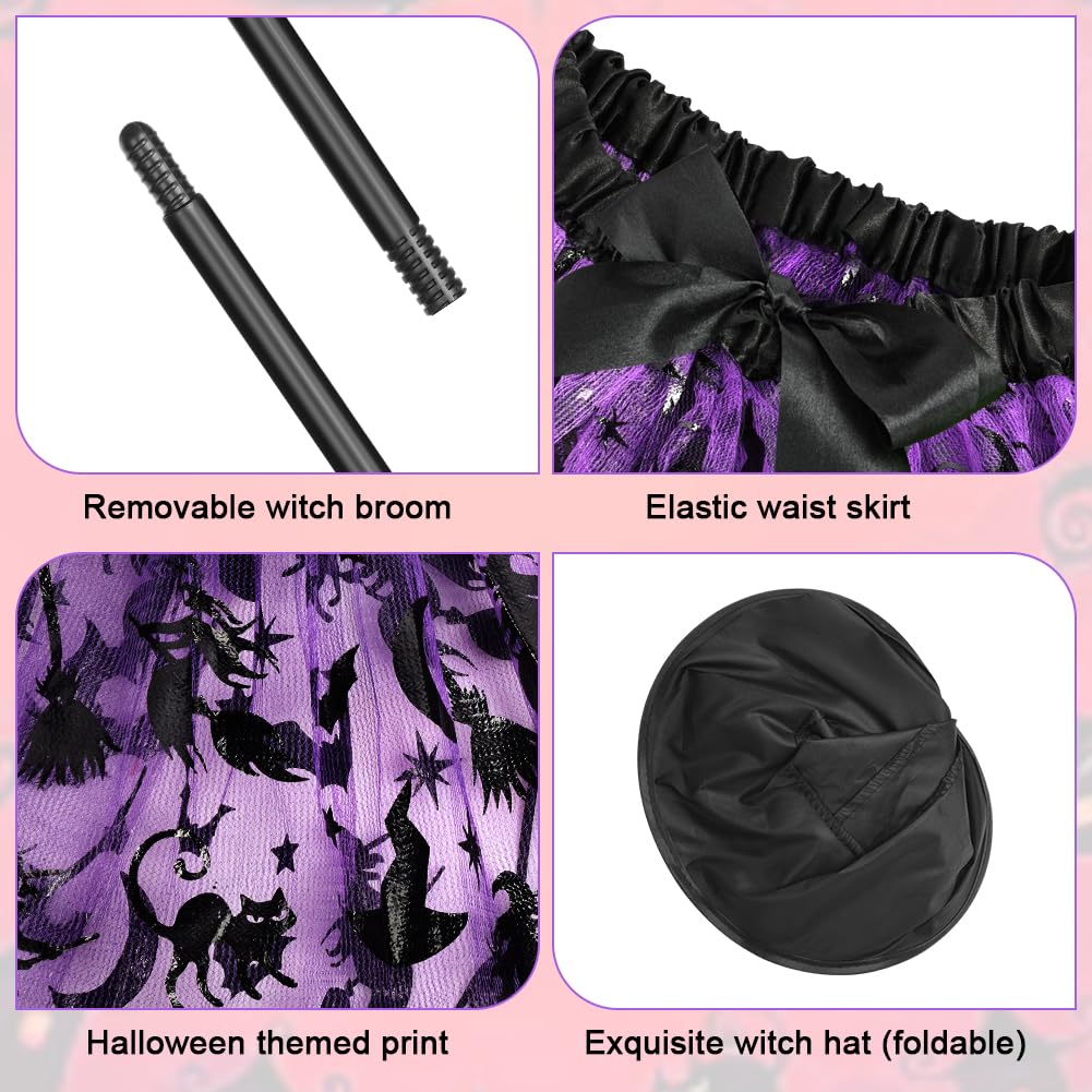 DiULi Halloween Outfits, Witch Costumes Halloween Fancy Dress Costume Wicked Witch Girl Costumewith Tutu Skirt Hat Witches Broom for Girls Cosplay,Purple