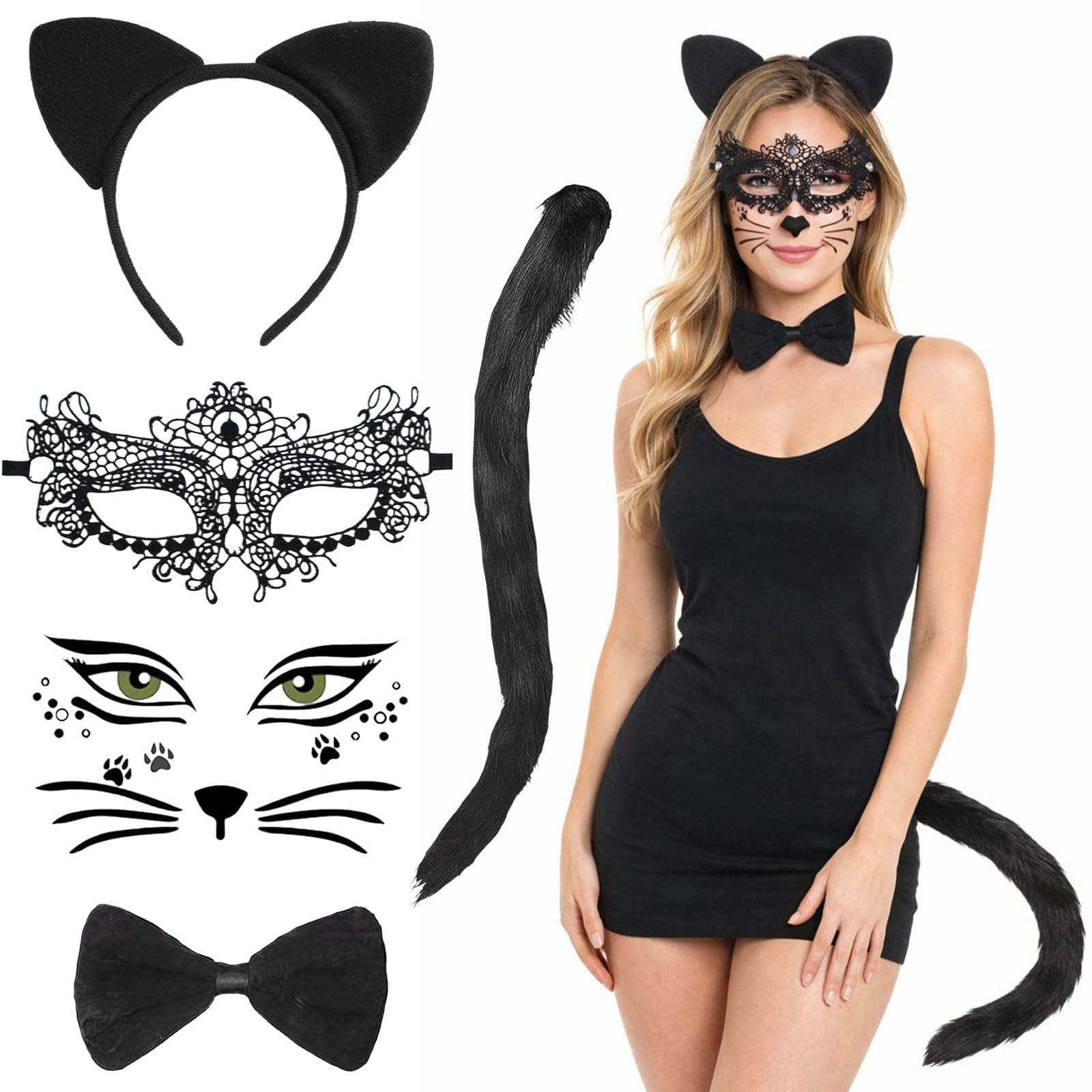 Cat Costume Set with Cat Ears Headband - Cat Tail - Bow Tie - Face