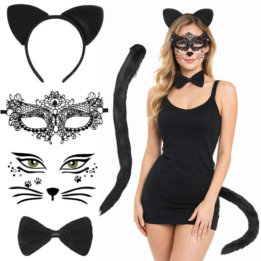 Cat Costume Set with Cat Ears Headband - Cat Tail - Bow Tie - Face