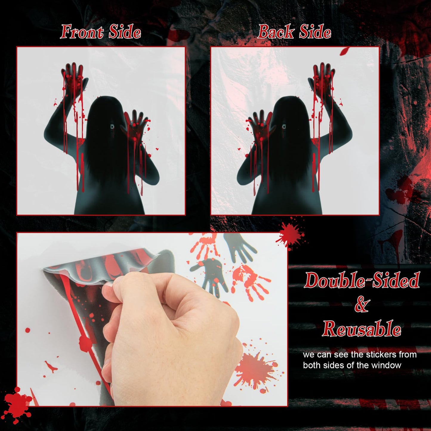 Large Halloween Window Stickers, Etopgo Bloody Decorations Double Sided Window Clings with Handprints Footprints for Halloween Party Decorations