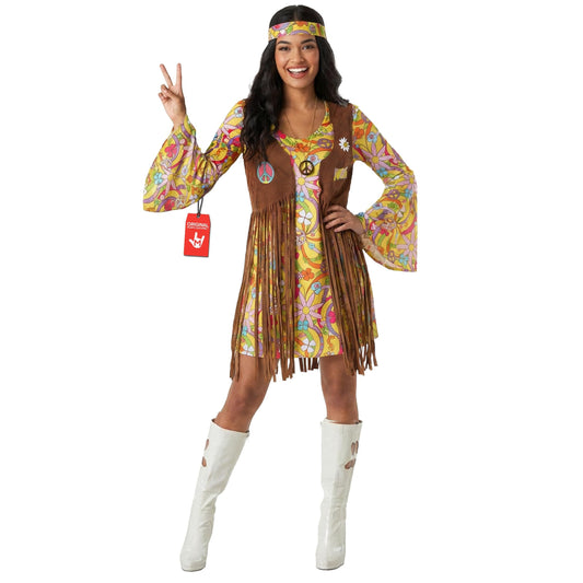 Woman wearing yellow 70s hippie costume dress