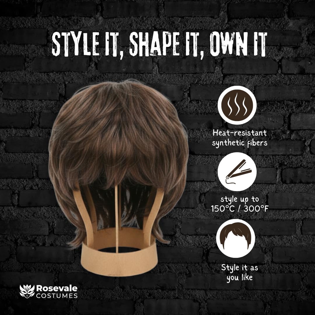 Rosevale Adult Men's 90’s Rock and Roll Star Liam Inspired English Singer Wig – Short Wavy Brown Wig for Costume, Halloween, Cosplay, and 90s Music Icon Look