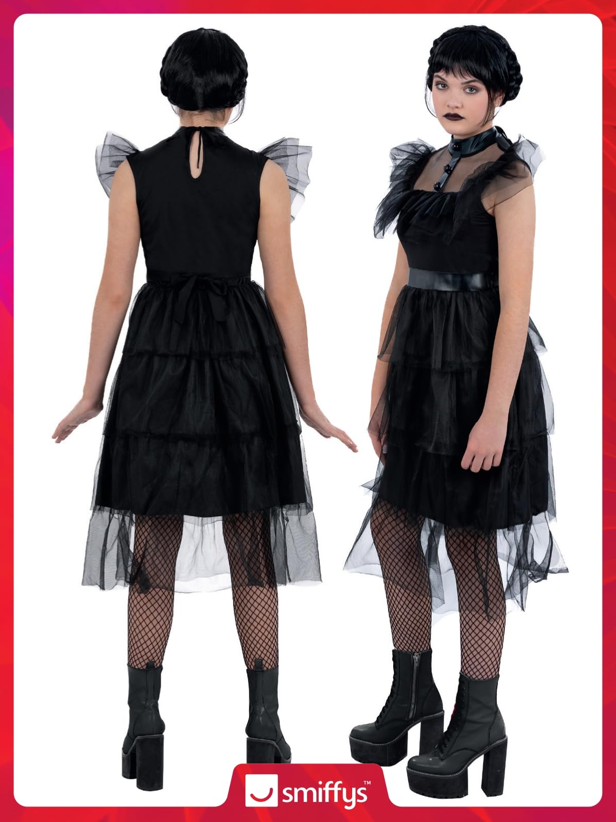 Smiffys Kids Gothic Prom Costume Dress with Mesh Frills, Halloween Child Fancy Dress, Gothic Schoolgirl Dress Up Costumes