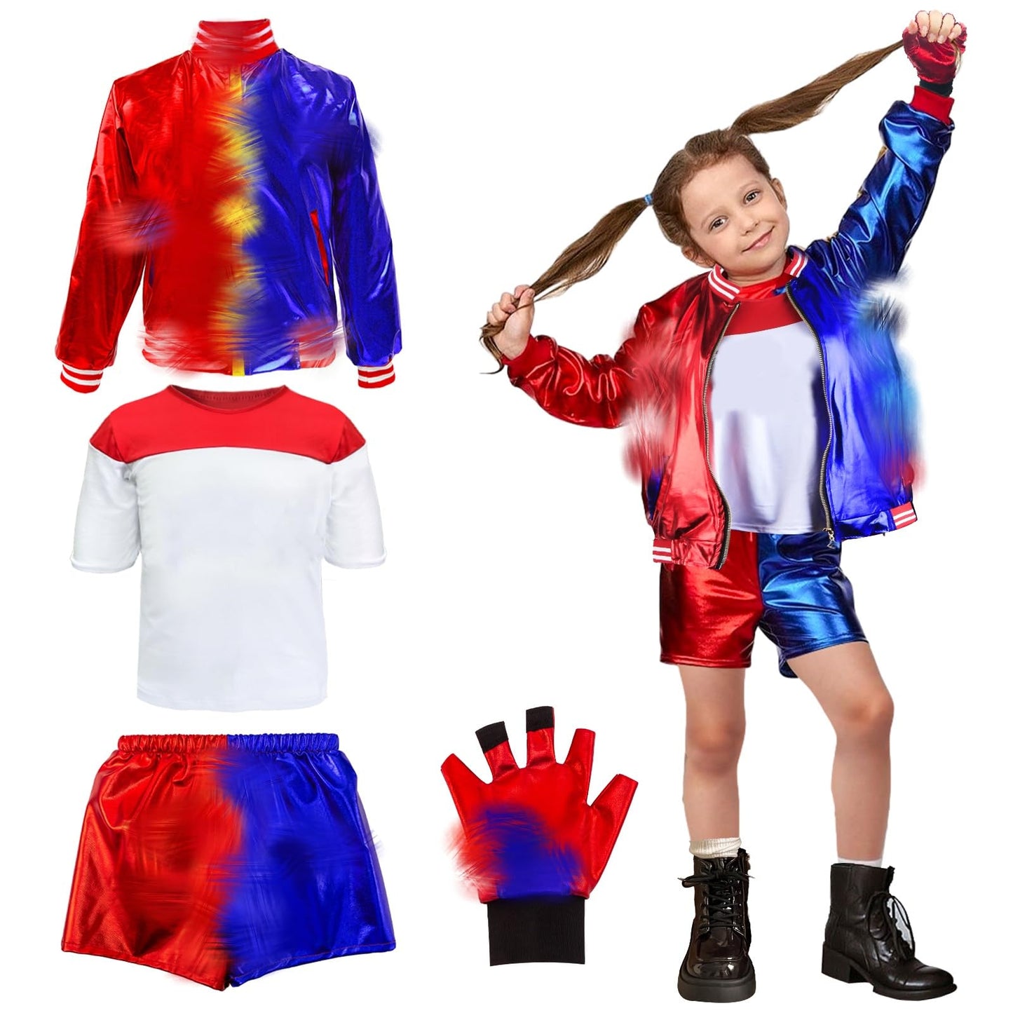 Kitimi Costumes for Kids Girls- Villain Halloween Fancy Dress Outfits Set Carnival Cosplay Costume Kit Include Jacket, T-Shirt, Shorts, Gloves, Wig, Tattoo, Baseball Bat for Theme Party Children 150