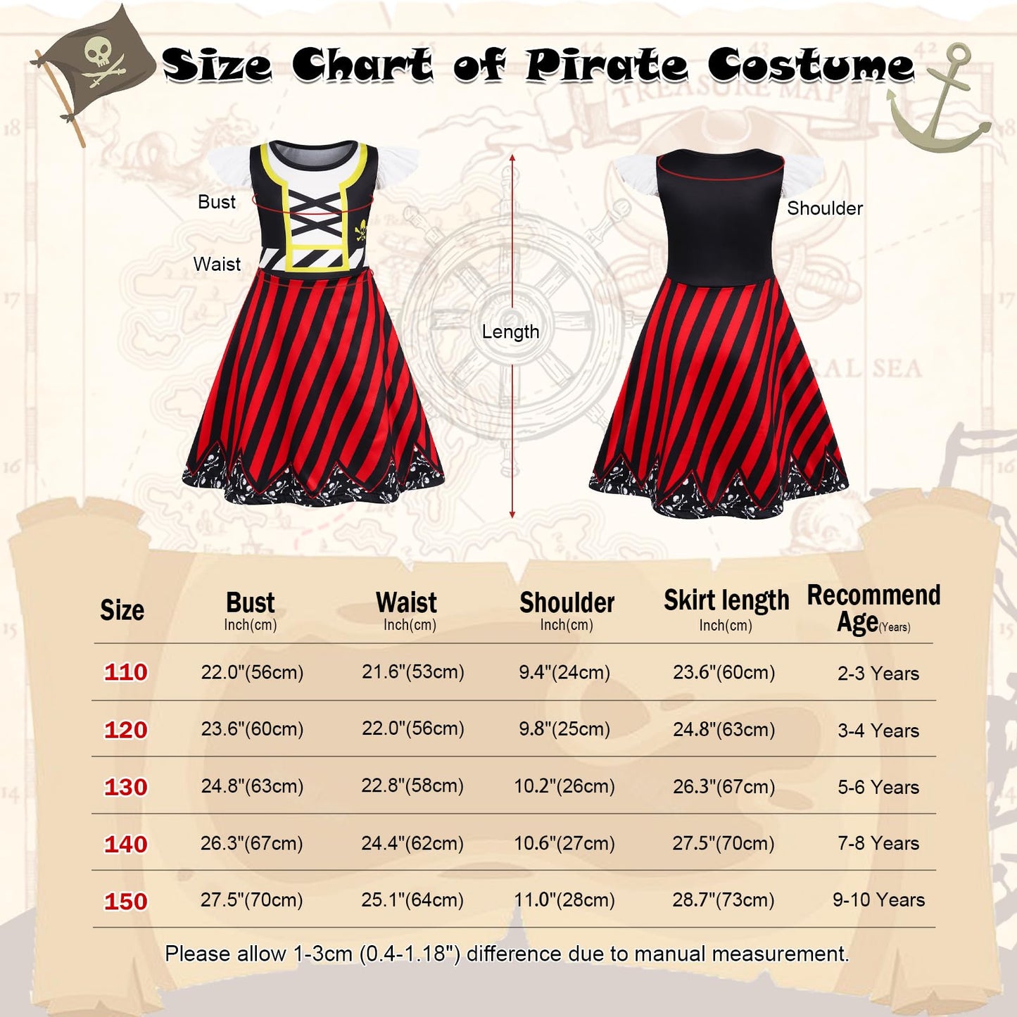 Berich Girls Pirate Costume Kids Halloween Costumes for Girls World Book Day Dress up Pirate Hat Eye Patch Headband Sword School Pretend Play Outfit Kids Dressing up Clothes 5-6 Years, Size 130, Red
