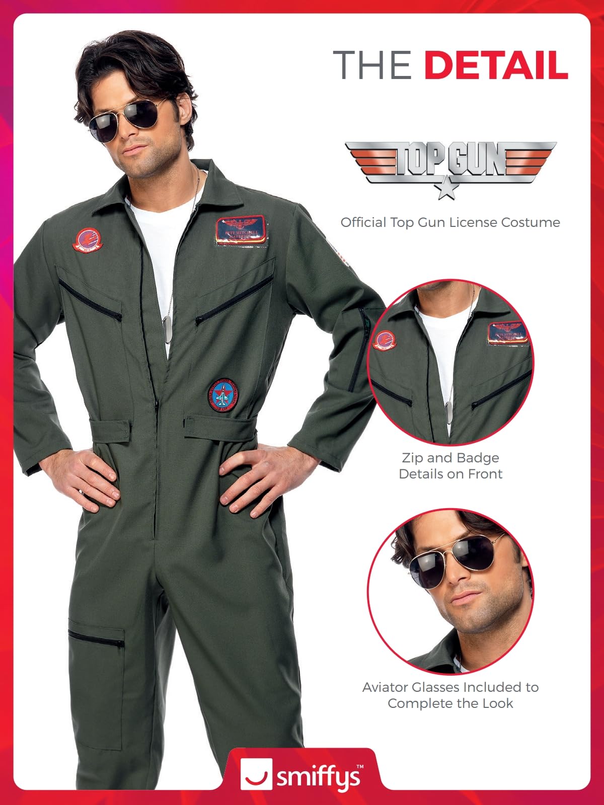 Smiffys Top Gun Costume Jumpsuit Name Tags and Glasses (Green) XL