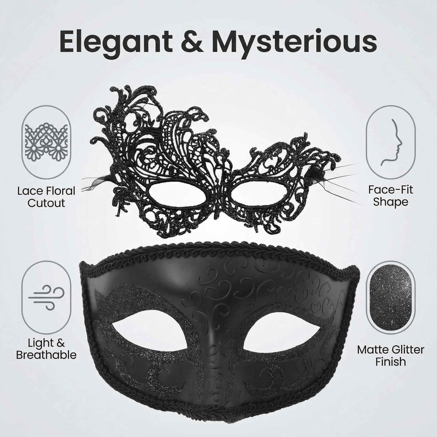 SHIFANQI 2Pcs Masquerade Mask for Men Women, Vintage Venetian Mask for Ball Party, Mardi Gras, Halloween Fancy Dress Party, Eye Lace Mask Costume, Black
