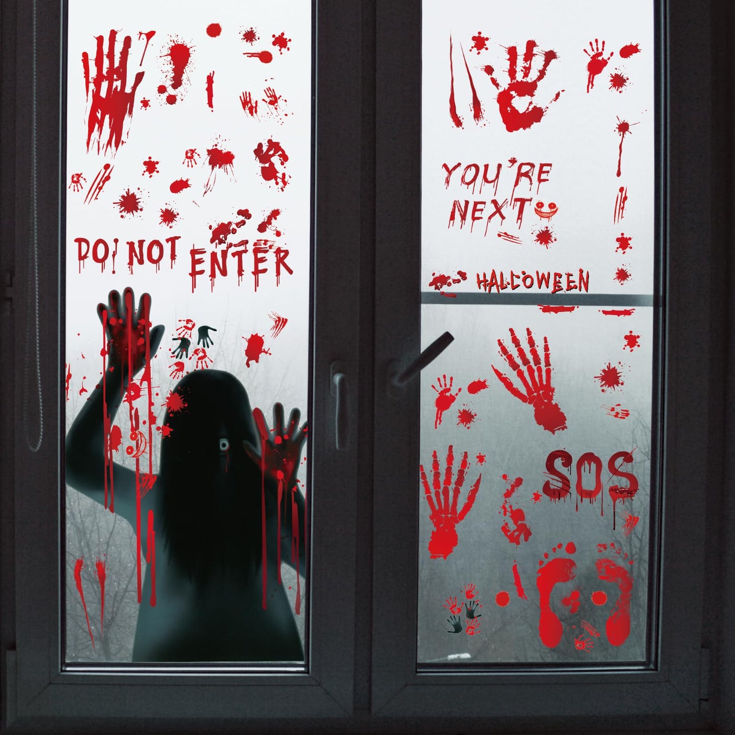 Large Halloween Window Stickers, Etopgo Bloody Decorations Double Sided Window Clings with Handprints Footprints for Halloween Party Decorations