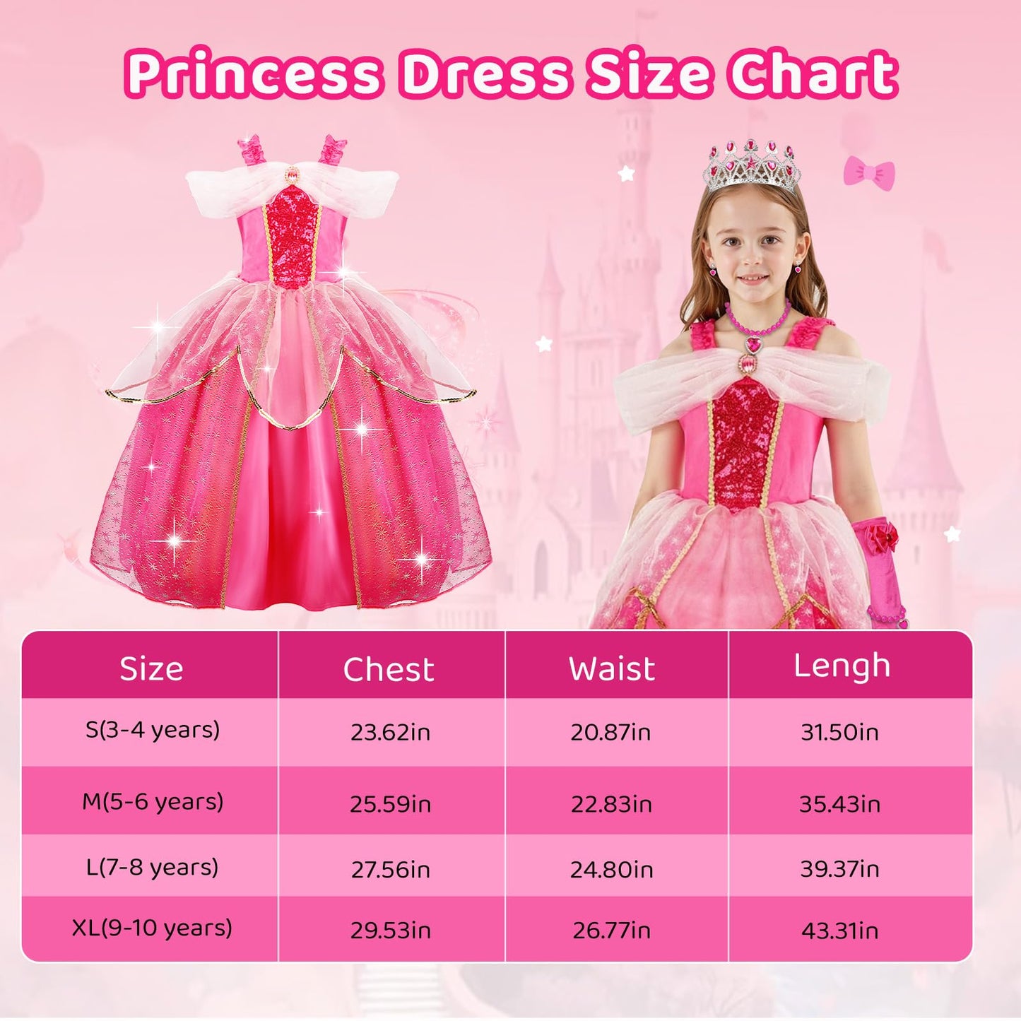 MELAND Princess Costumes for Girls, Sleeping Light Up Princess Dress Up for Girls Age 3-10 Years, Rose Pink Fancy Dress for Kids & Toddlers Birthday Party Costumes (M)