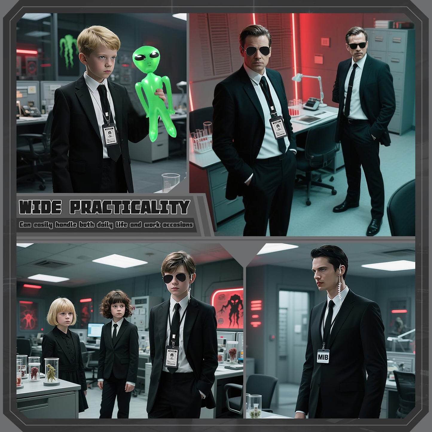 10Pcs Agent Costume Accessories Set, Secret Agent Dress Up Kit with ID Holders Black Ties Sunglasses Earpieces Inflatable Green Aliens for Women Men Halloween Cosplay Carnival Fancy Dress Party Props