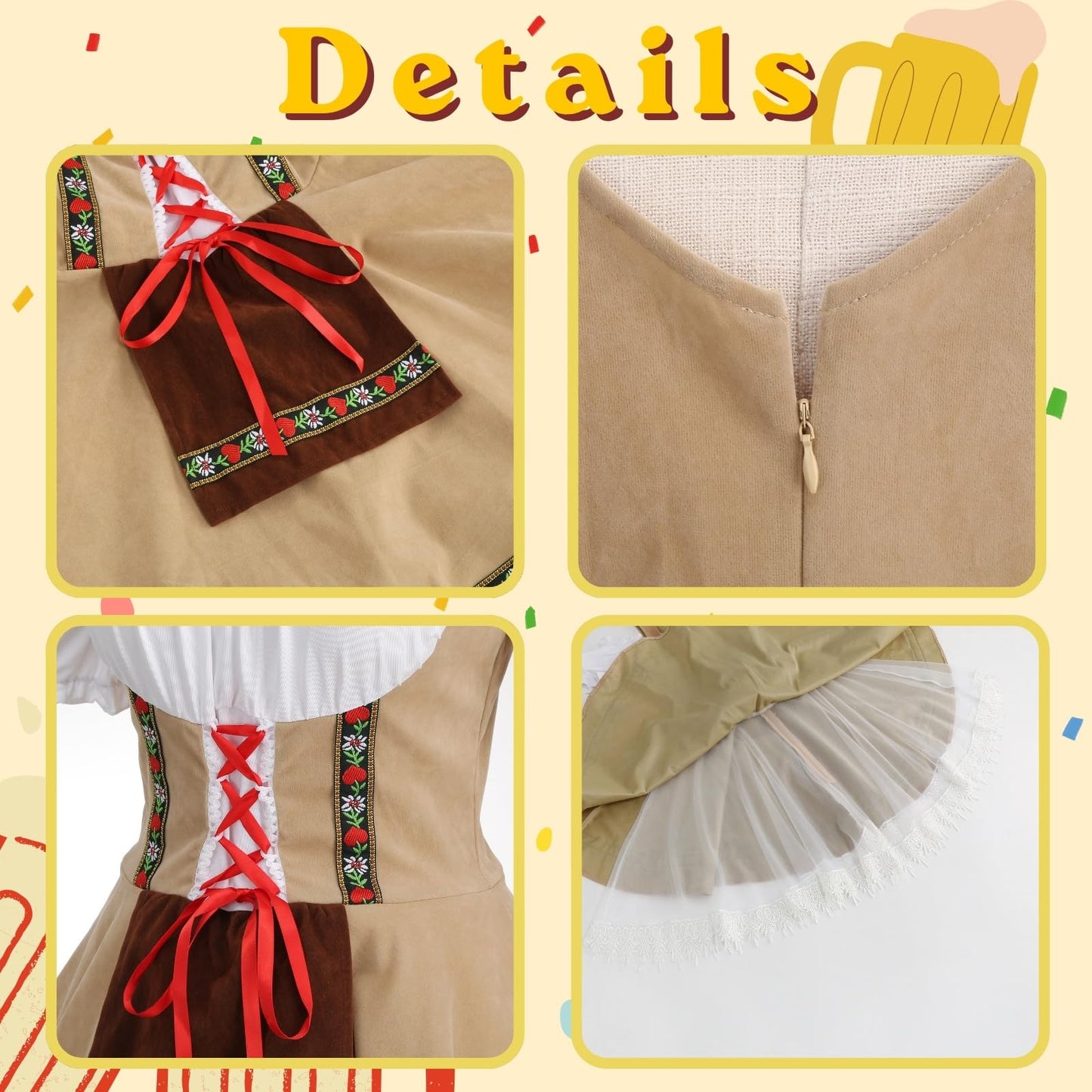 maxToonrain Oktoberfest Outfit Women Off-Shoulder Traditional Bavarnian Short Sleeve Off Shoulders German Beer Maid Costume with Embroidery for Oktoberfest, Halloween & Themed Parties (Khaki, M)