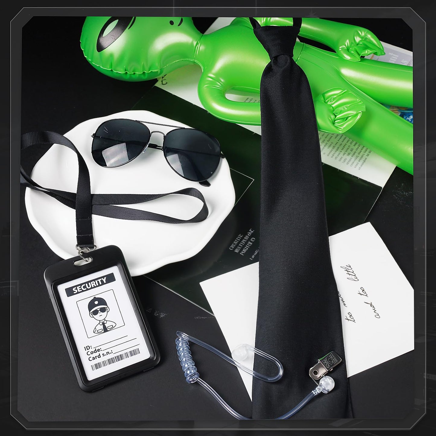 10Pcs Agent Costume Accessories Set, Secret Agent Dress Up Kit with ID Holders Black Ties Sunglasses Earpieces Inflatable Green Aliens for Women Men Halloween Cosplay Carnival Fancy Dress Party Props
