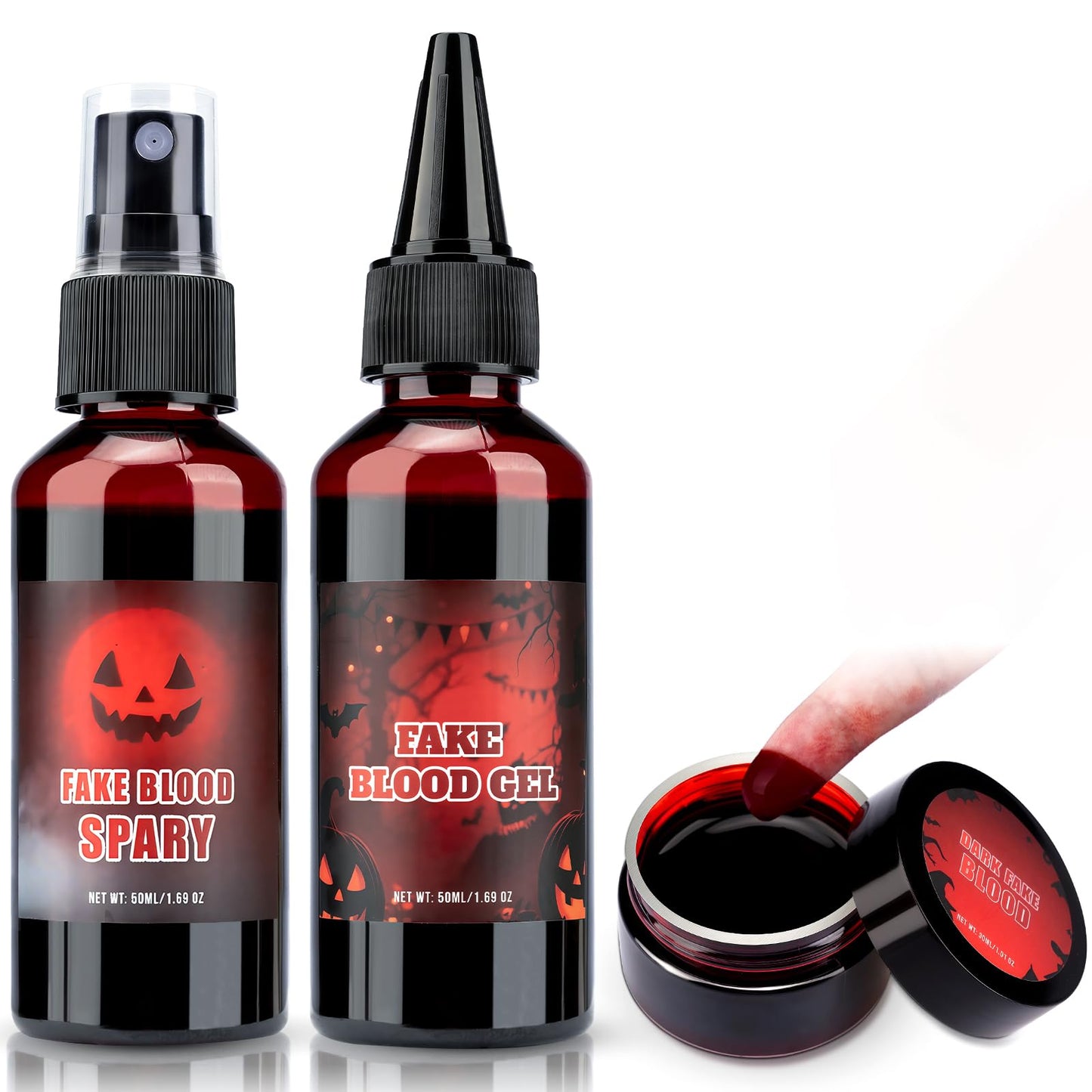 TonJin Halloween Fake Blood Makeup Kit, 3PCS Realistic Washable Costume Blood Set (1.69oz Spray + 1.69oz Dripping + 1.01oz Coagulated ) for Zombie Vampire SFX, Dark Coagulated & Fresh Blood Effects