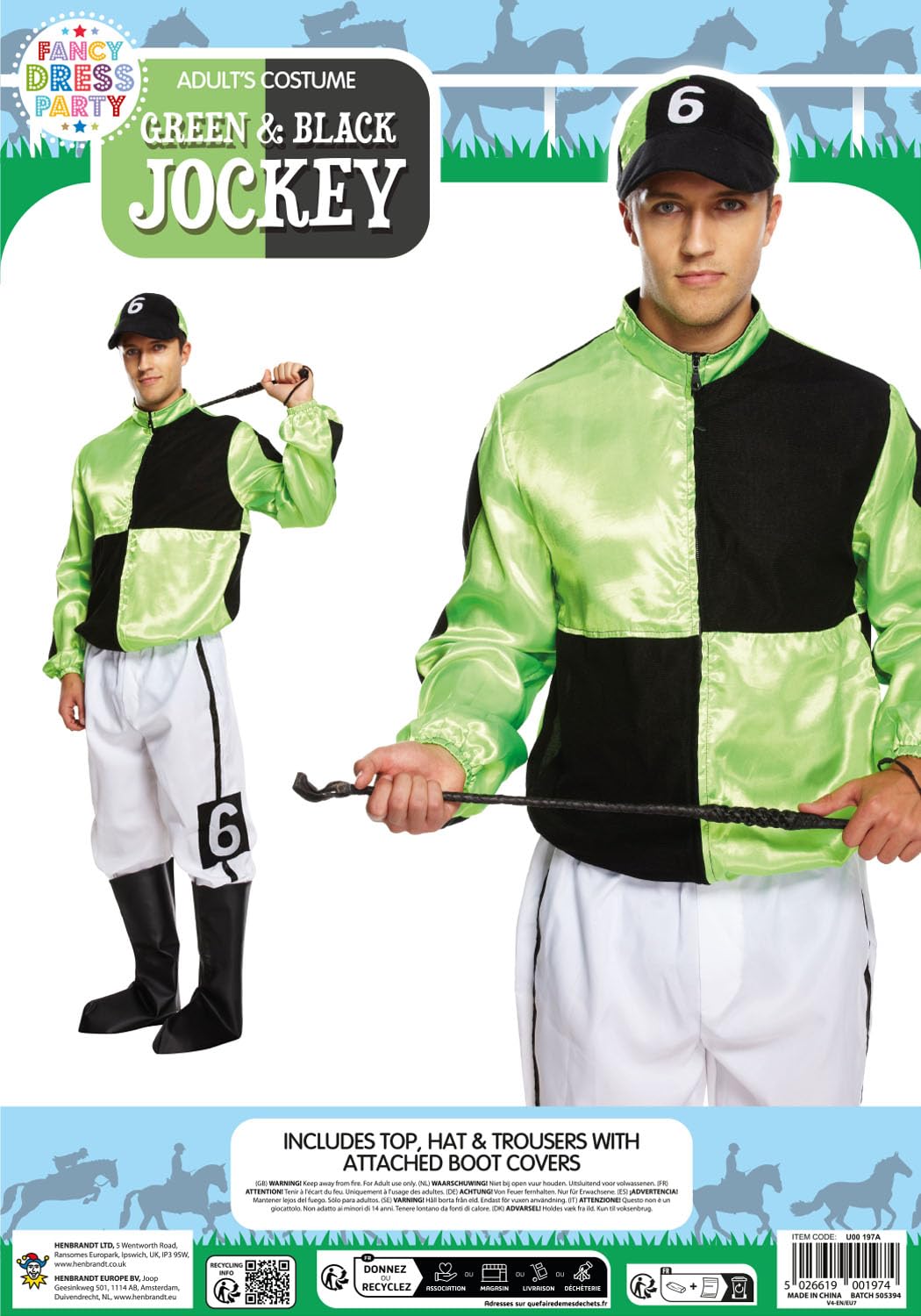 HENBRANDT Adult Men’s Green and Black Horse Jockey Outfit with Peaked Hat and Boot Covers Sports Fancy Dress Costume Racing Jockey Dress Up Outfit One Size Mens Fancy Dress Costume