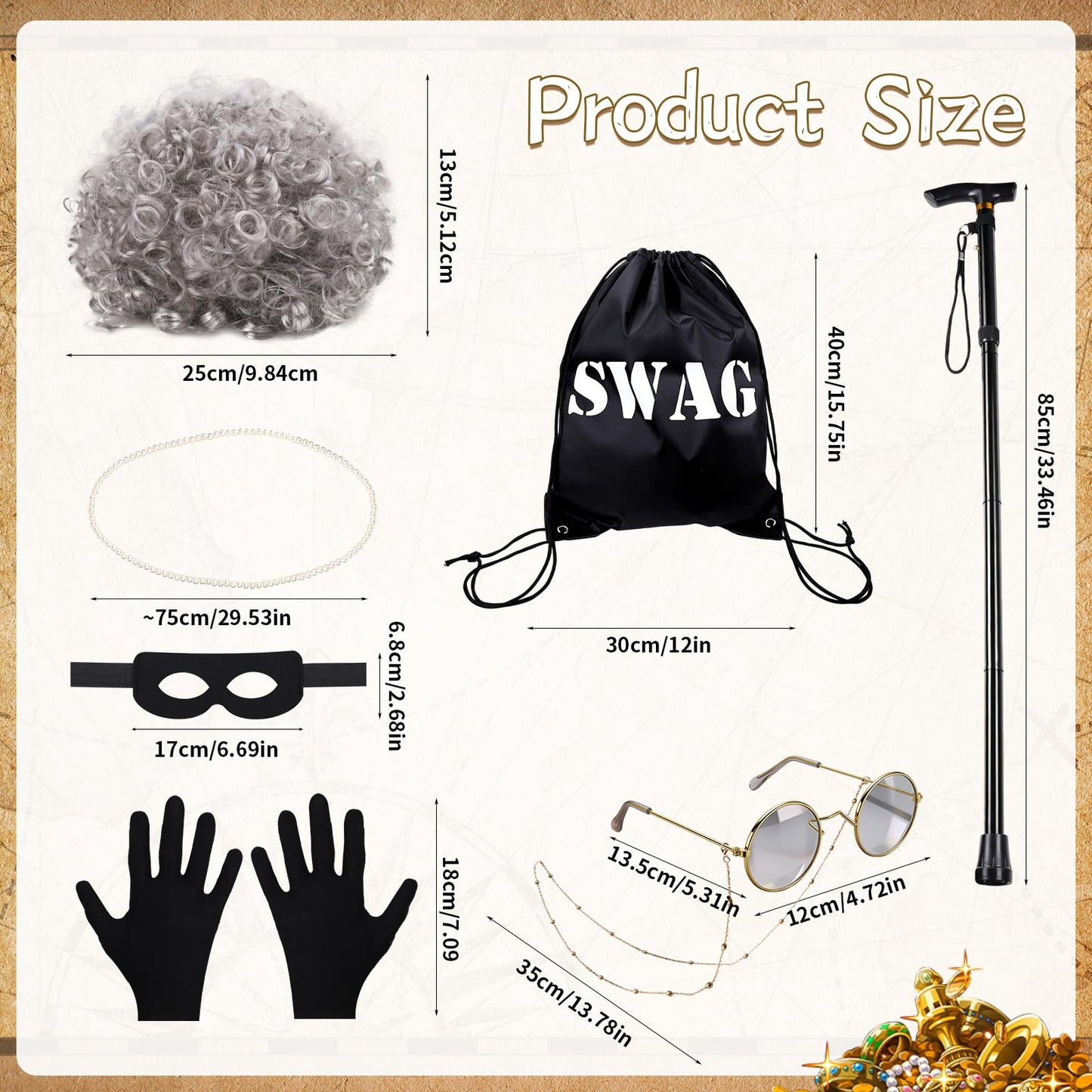gyoyede Gangster Granny Costume Set,World Book Day Costumes for Teens 2026 - Grey Wig, Robber Eye Mask, Swag Bag, Pearl Necklace and Cane for Storybook WBD Fancy Dress Up Cosplay Party Accessories
