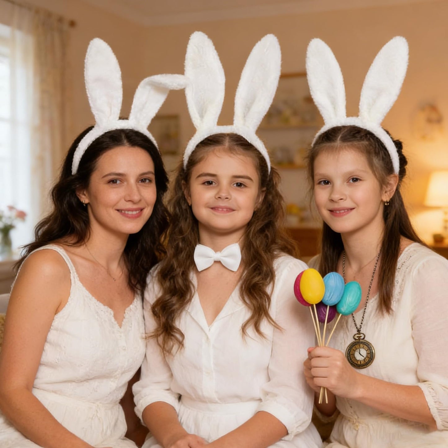 5Pcs White Rabbit Alice in Wonderland Costume Set, White Rabbit Costume, Rabbit Ears Costume for Easter, World Book Day, Halloween Party, Cosplay (White Gloves,Clock,Bow Tie,Bunny Ears and Tail)