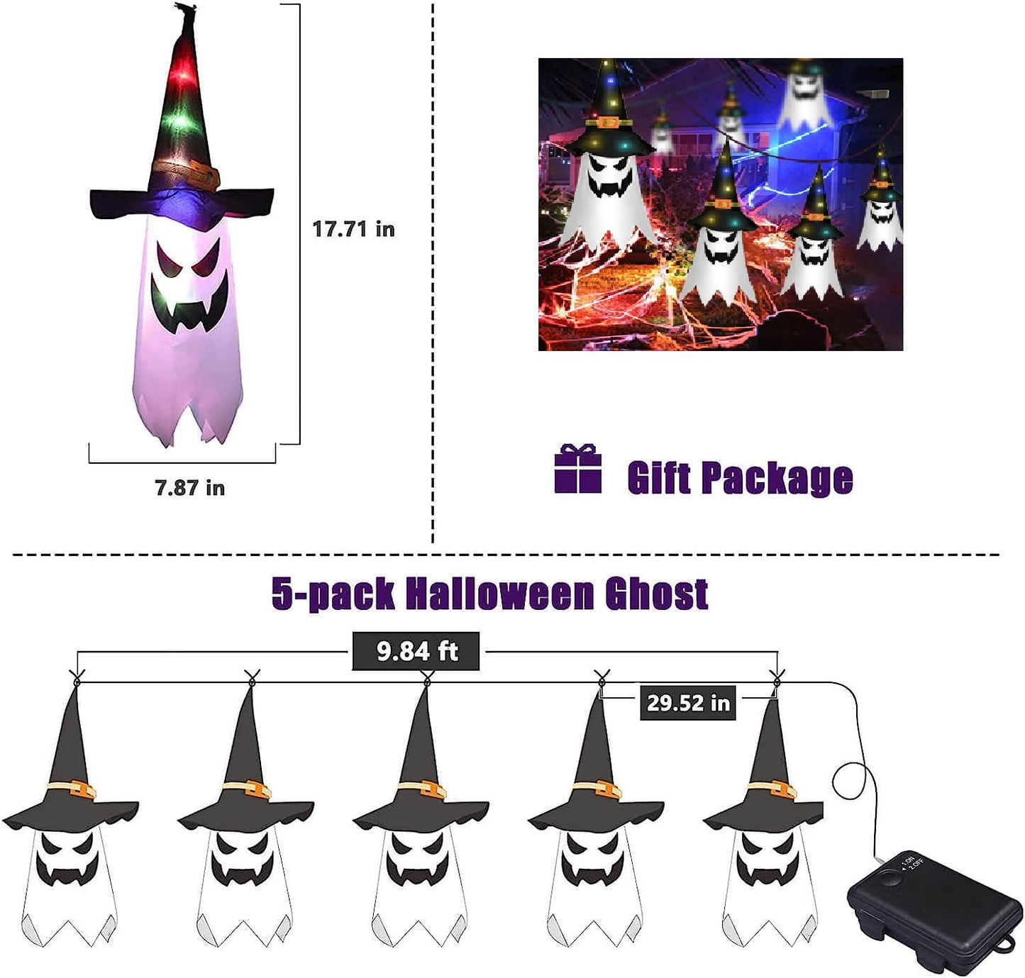 SHAVINGFUN Halloween Decorations Outdoor,5 Pcs Extra Long Glowing Ghost Witch Hat Halloween Indoor Decorations,3 M Waterproof Glowing Witch Hat for Garden, Yard, Tree