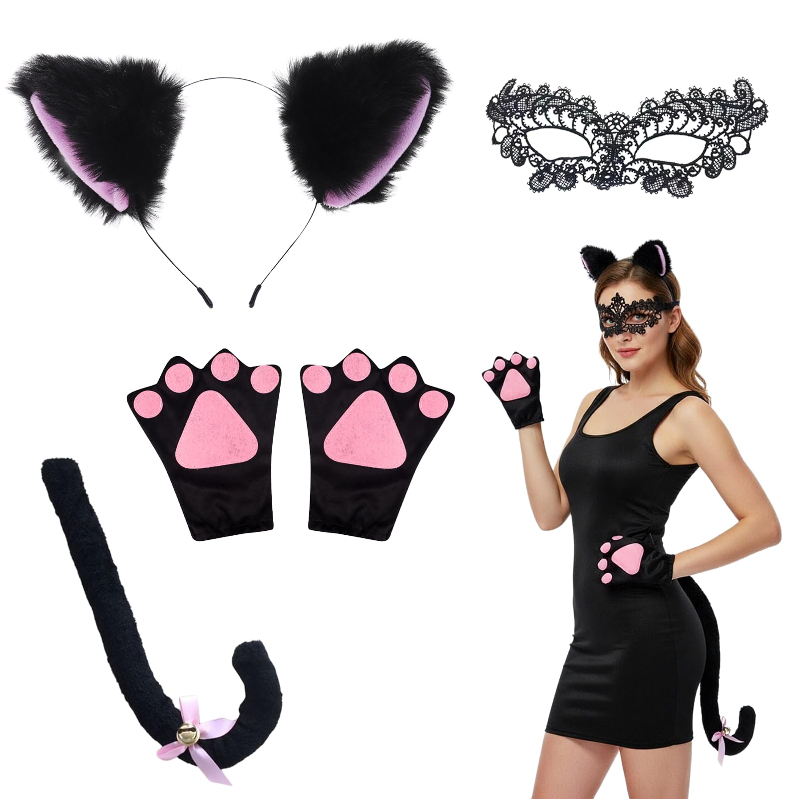 Cat Costume Accessory Set - Faux Cat Ears Headband Fluffy Tail Cat