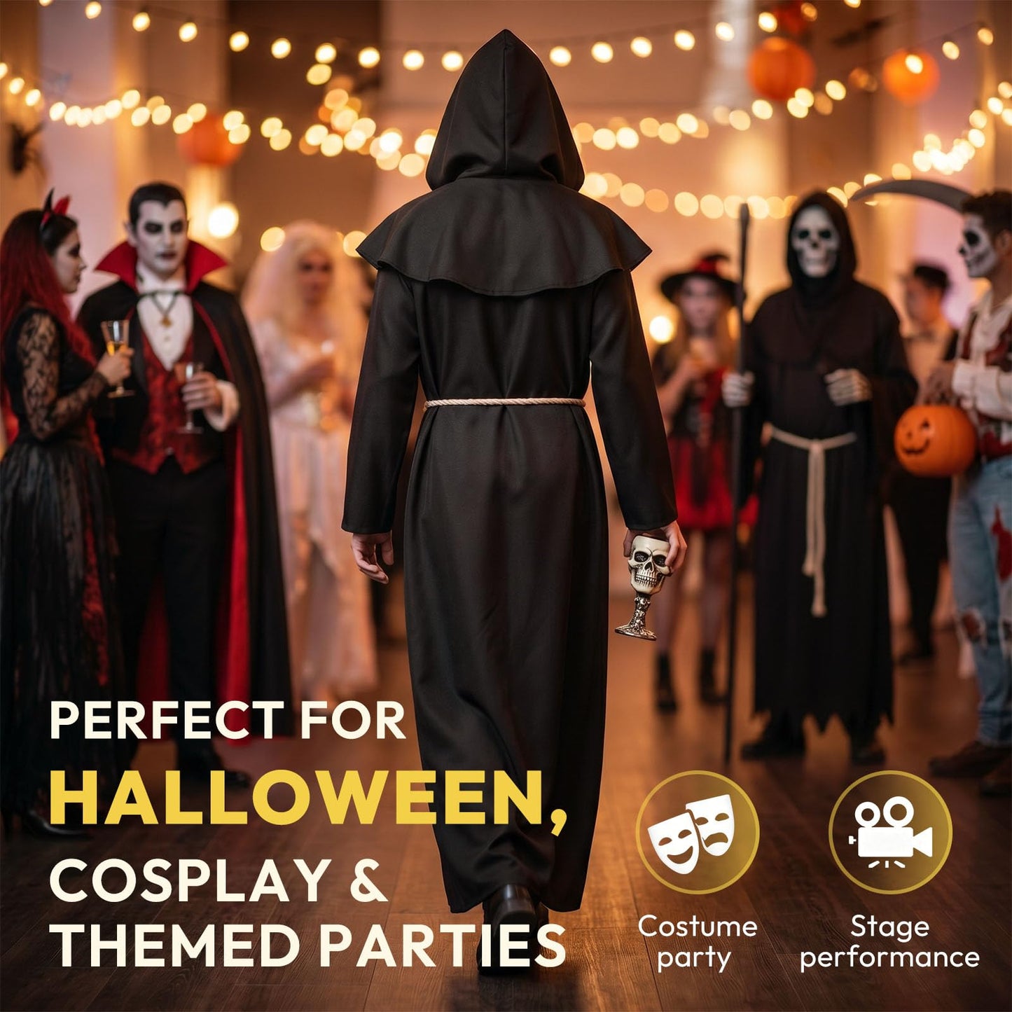 KONVINIT Halloween Monk Costume for Adult Medieval Friar Hooded Monk Black Cape Renaissance Priest Robe Mens Halloween Costumes,black L