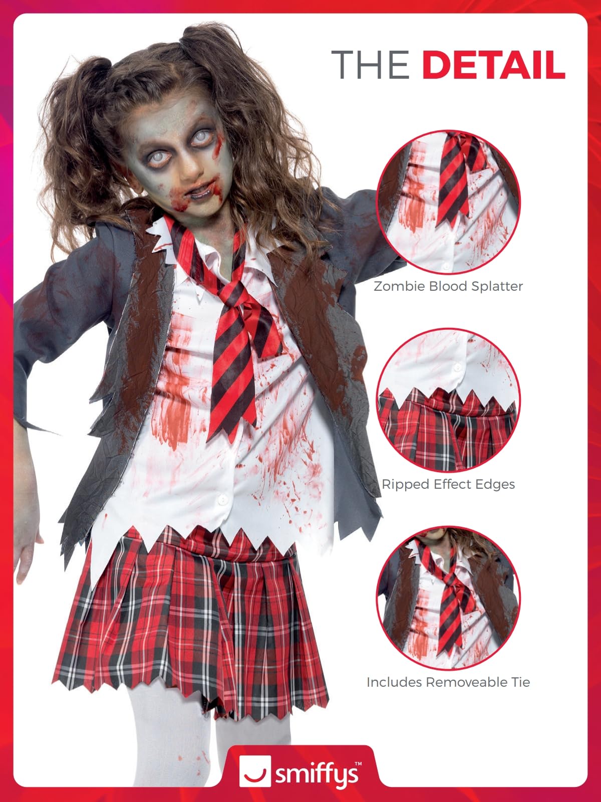 Smiffys Zombie School Girl Costume, Grey with Skirt, Jacket, Mock Shirt & Tie, Halloween Child Fancy Dress, Zombie Dress Up Costumes