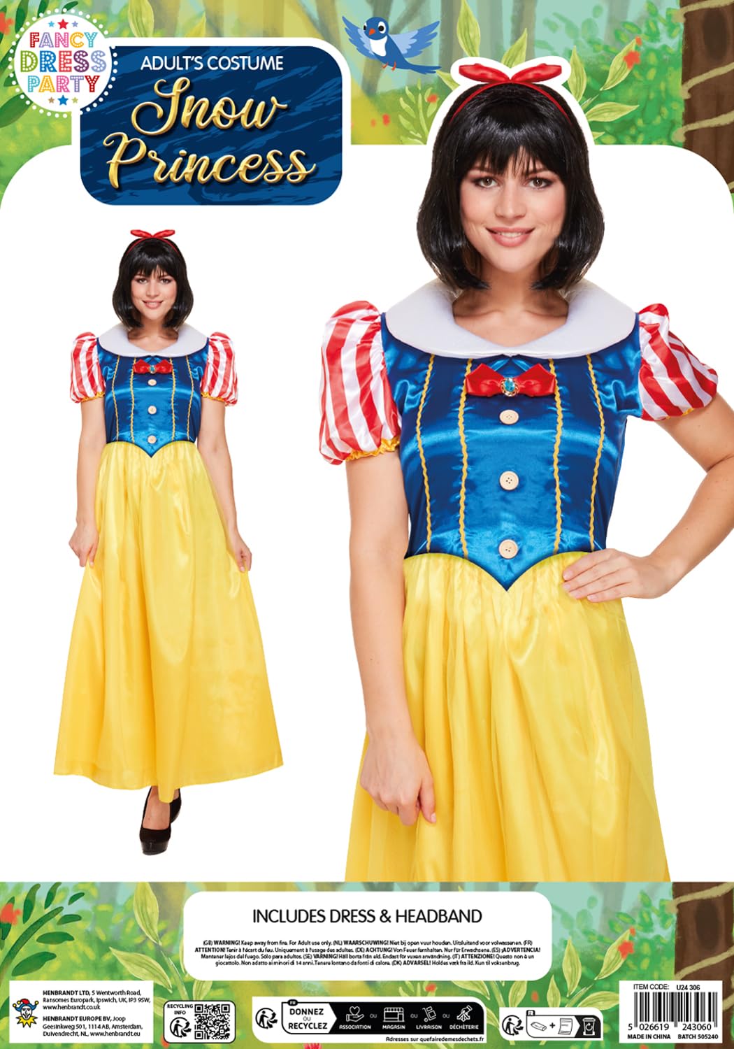 HENBRANDT Adult Women’s Snow Princess Fancy Dress Outfit with Red Hairband Fairytale Princess Book Day Halloween Dress Up Outfit One Size Ladies Fancy Dress Costume