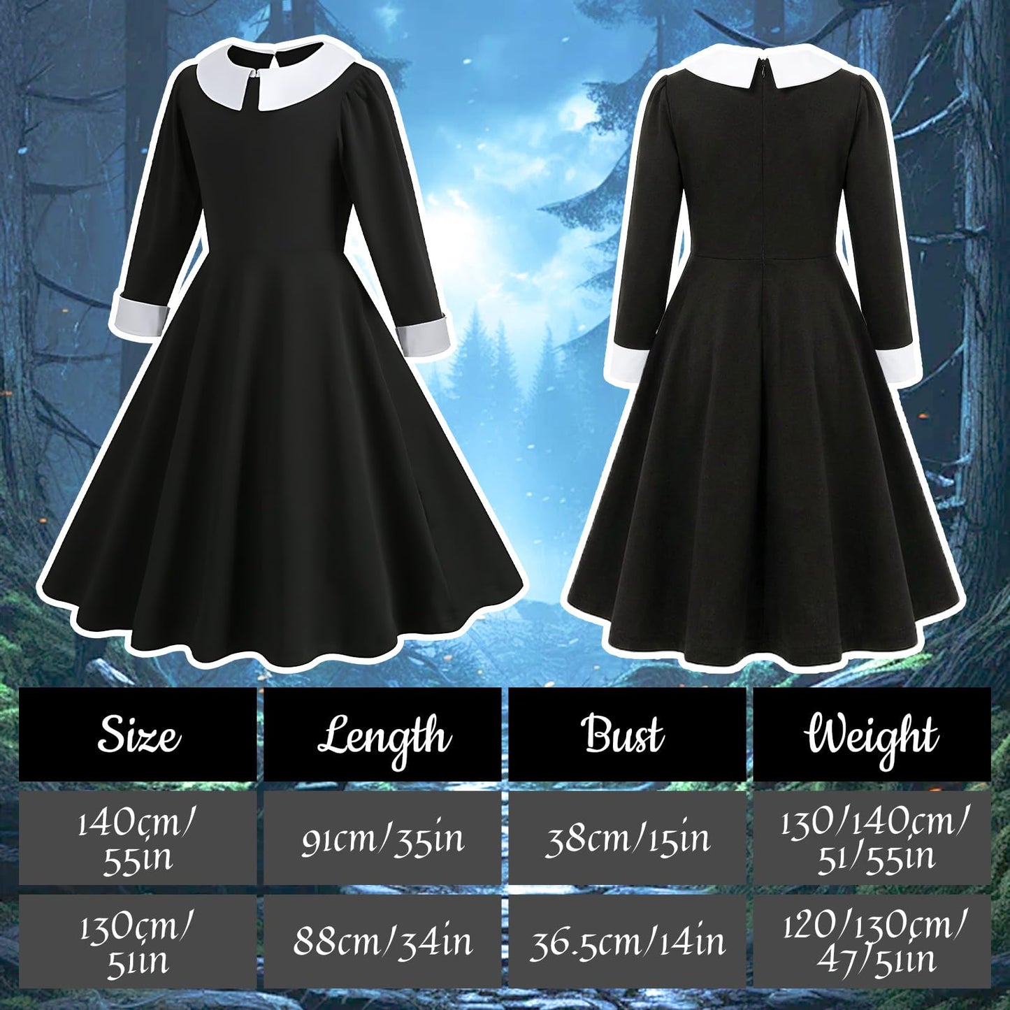 YAEGIMHT 5PCS Black Gothic Princess Costume Set for Girls, Kids Fancy Dress Outfit with Skirt, Wig, Socks, Necklace & Bag for Halloween Party Cosplay (140)