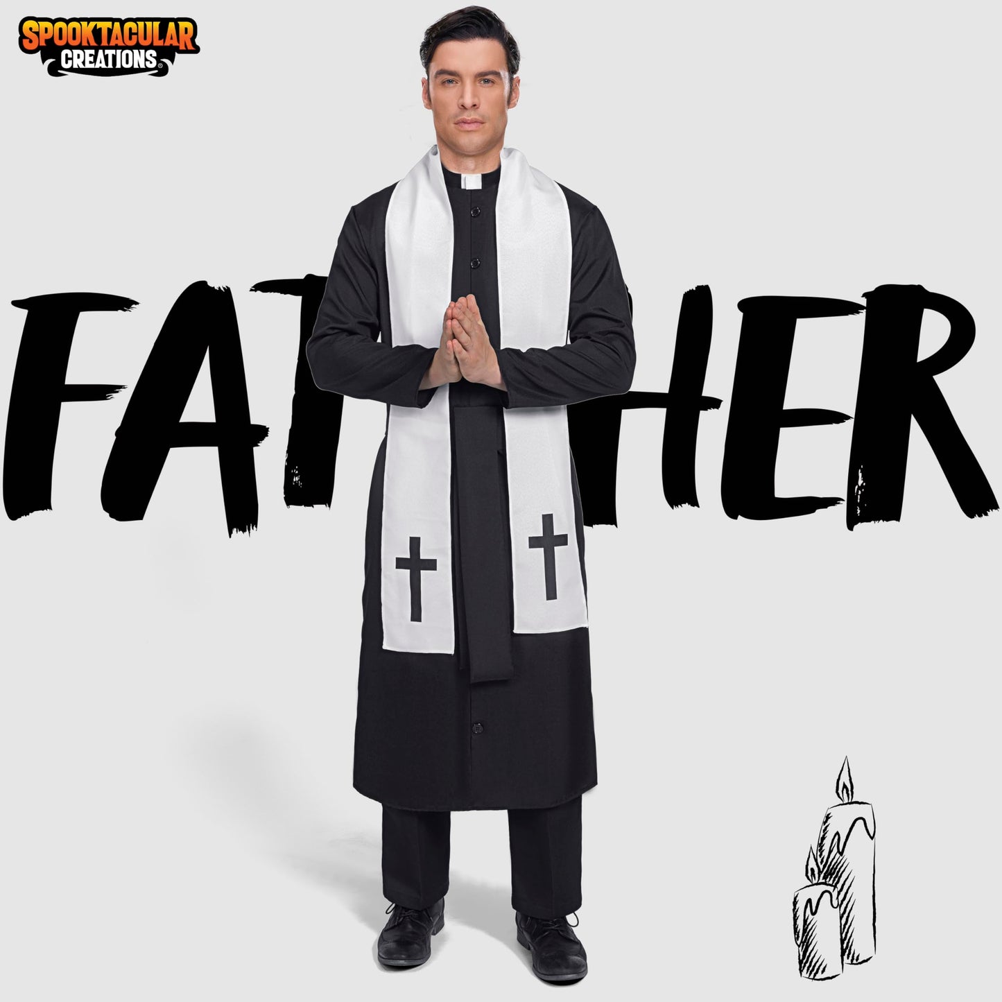 Spooktacular Creations Adult Men’s Black Priest Father Robe Stole, Priest Costume for Halloween Dress Up Party Cosplay (XL)